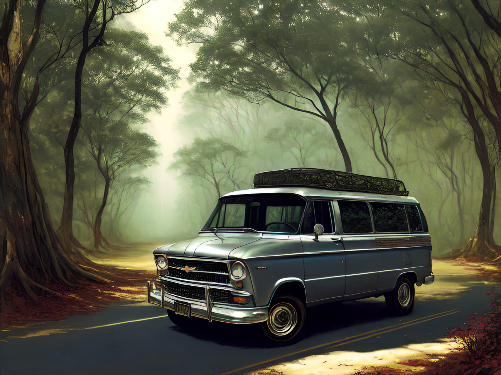 silver chevy van drives through an ancient forest preview