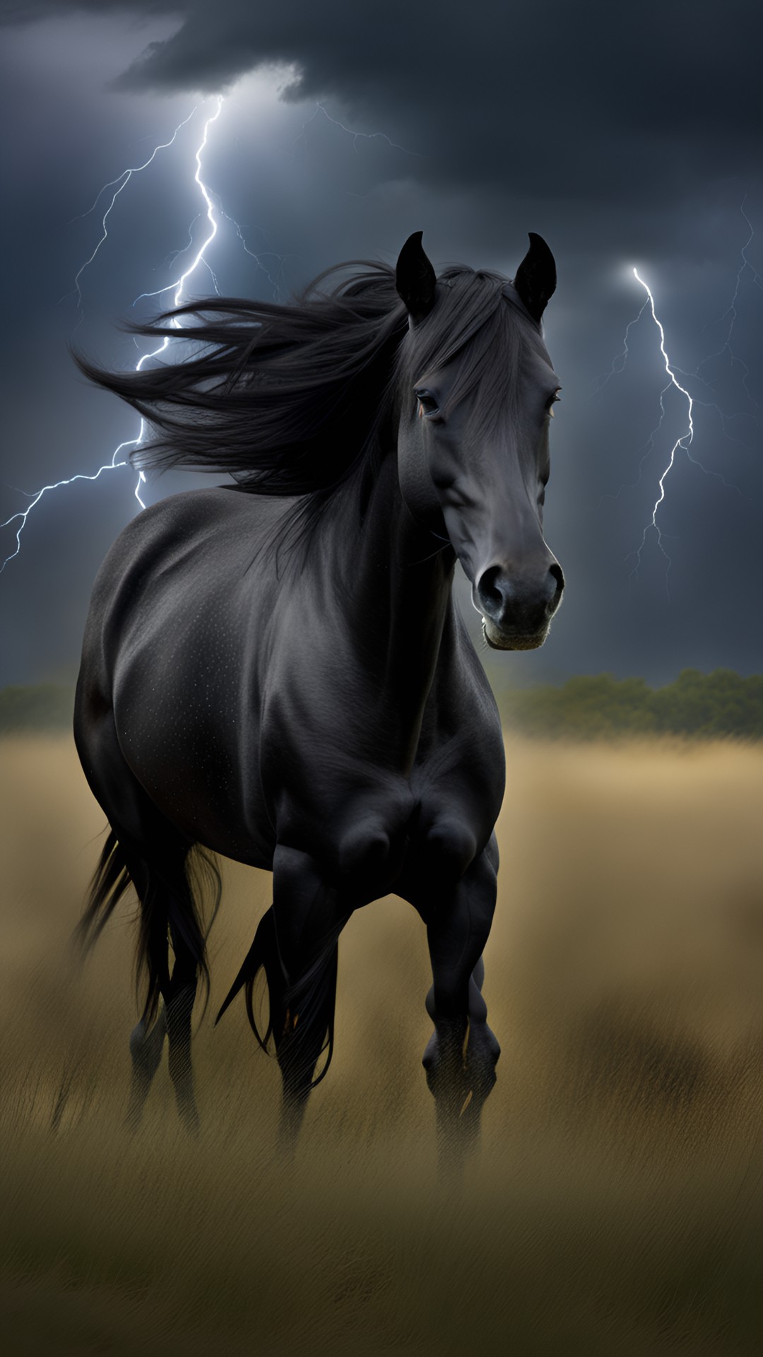 a black stallion in a field during a thunder storm preview