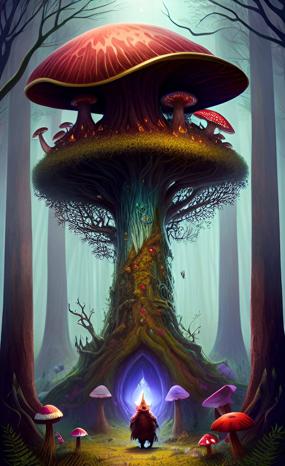 Mushroom portal - illustrate a fantastical beast, born of both magic and mushroom, emerging from the heart of a dense fungal forest as the cultists offer their reverence. preview