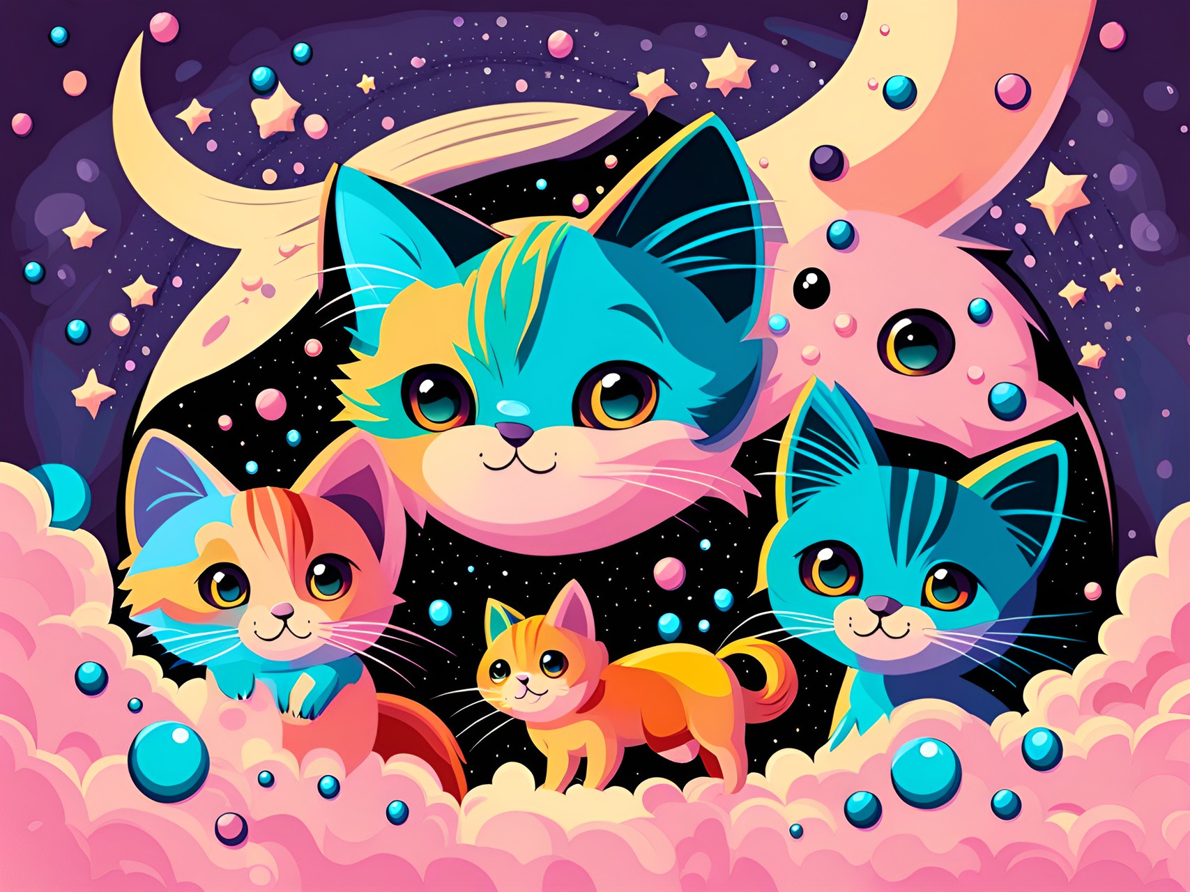 colorful chibi kittens with bubbles preview