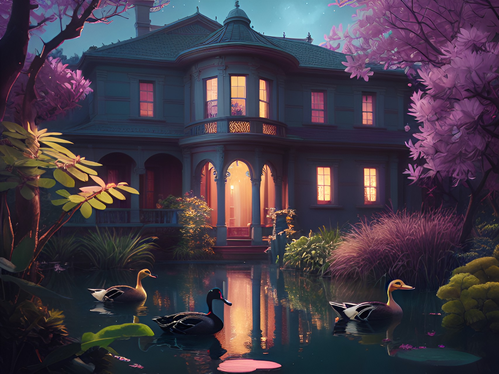 mansion,garden,trees, pond, ducks, night sky preview