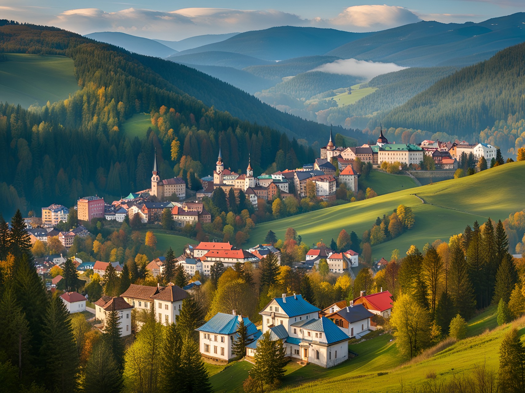 A Ukrainian town - west-ukrainian city in the carpathian mountains, a view from a hill, panorama preview