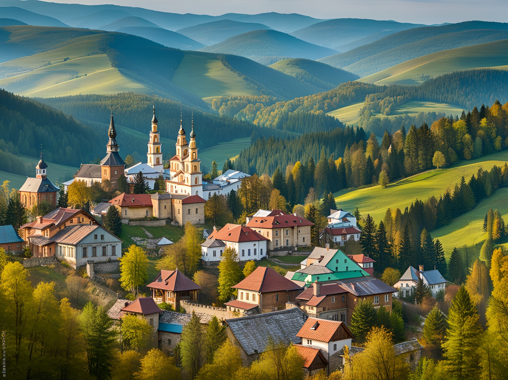 A Ukrainian town - west-ukrainian city in the carpathian mountains, a view from a hill, panorama preview