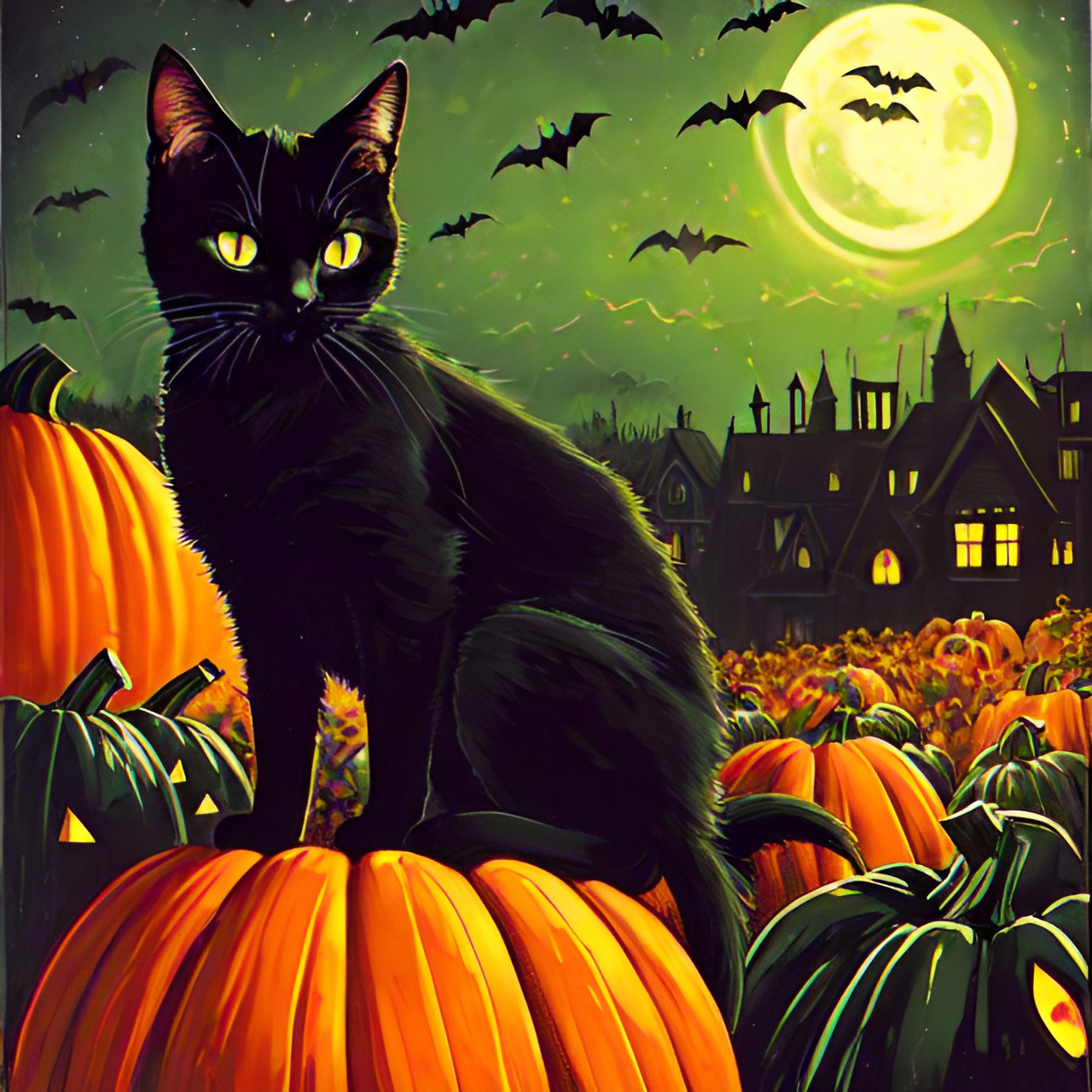 Scary Night - a spooky black cat with green eyes, sitting in a pumpkin patch on halloween night. preview