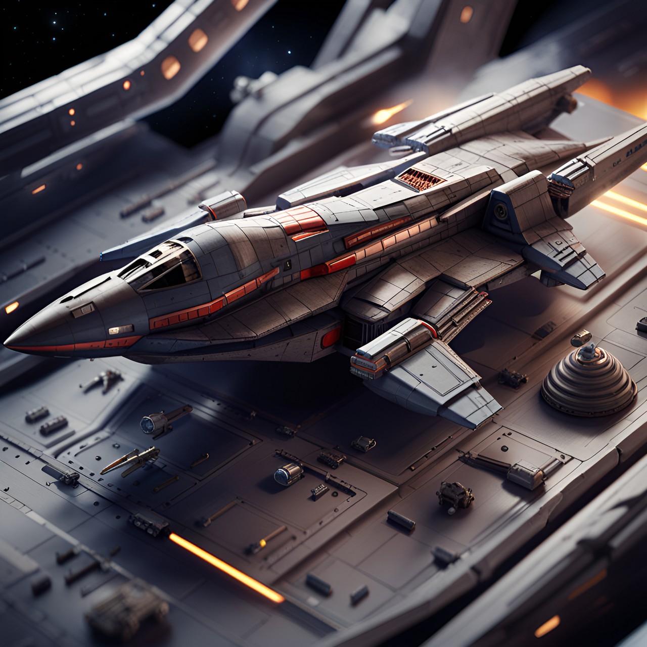 fighter on deck - space fighter race on deep space, by ridley scott, miniature render preview