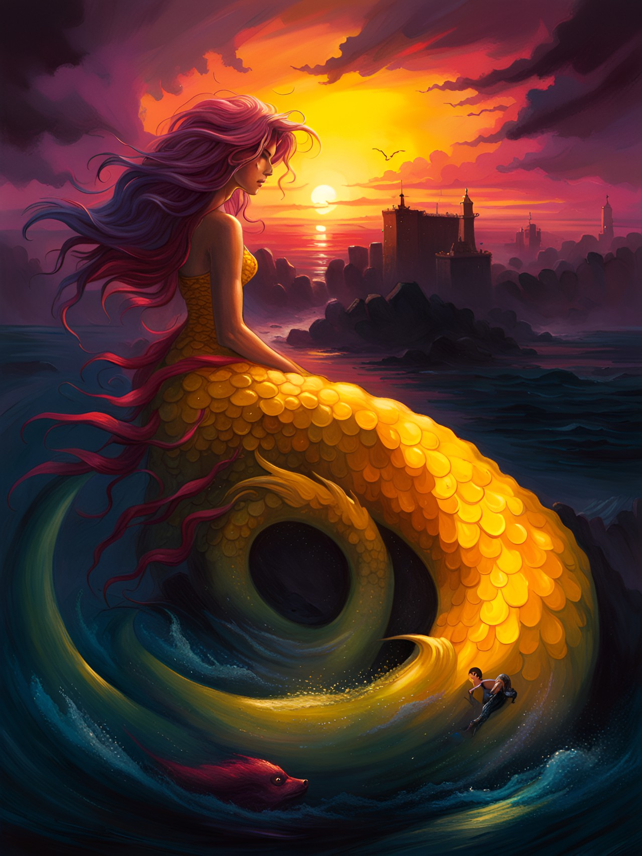 yellow mermaid, sunset preview