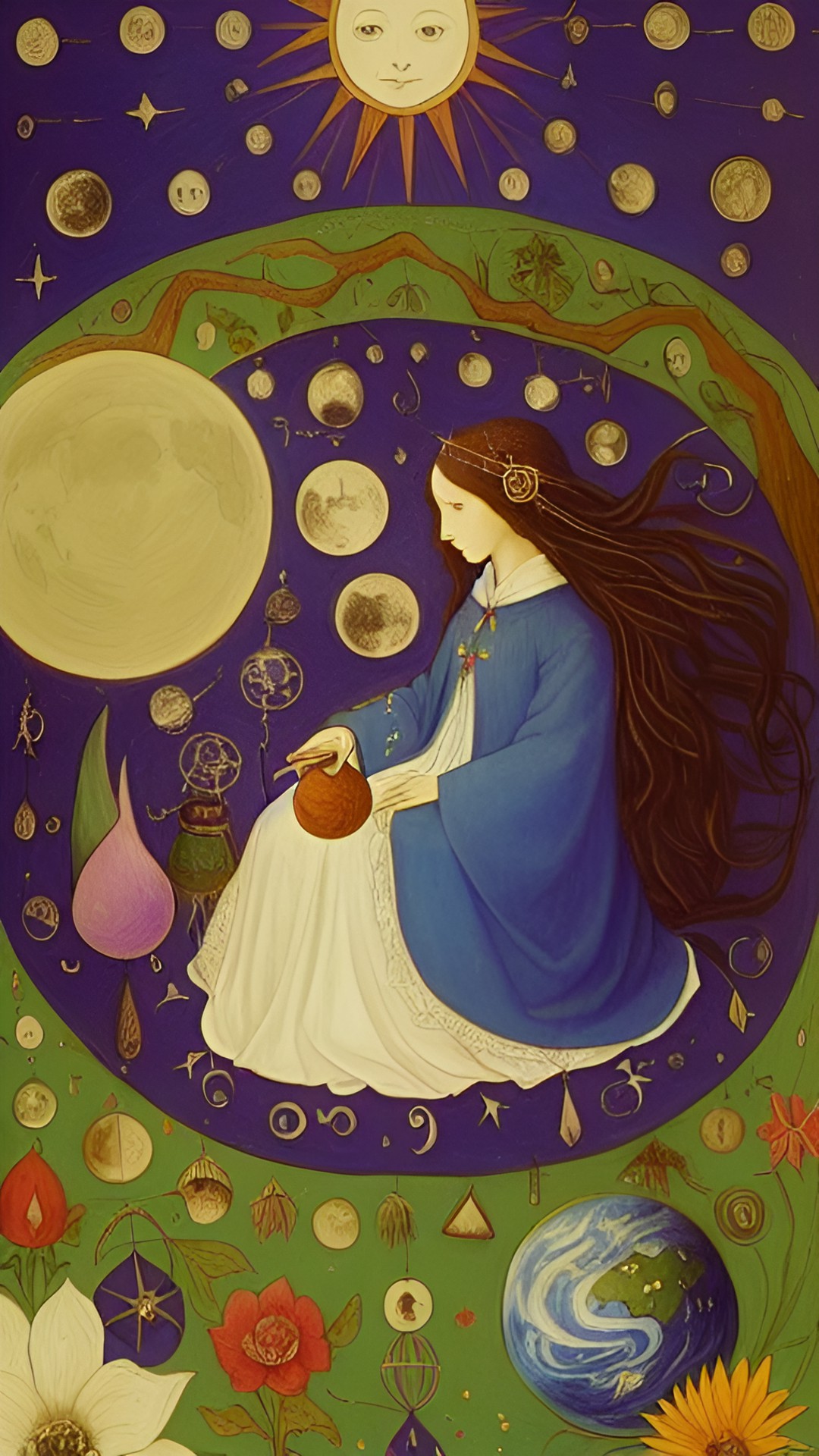 magic, mysticism, a fairy tale, the moon and the sun, roots, infinity, the thread of the earth, a woman weaves threads, threads from a ball of wood, cotton, flowers, high hair grows into roots - a wom preview