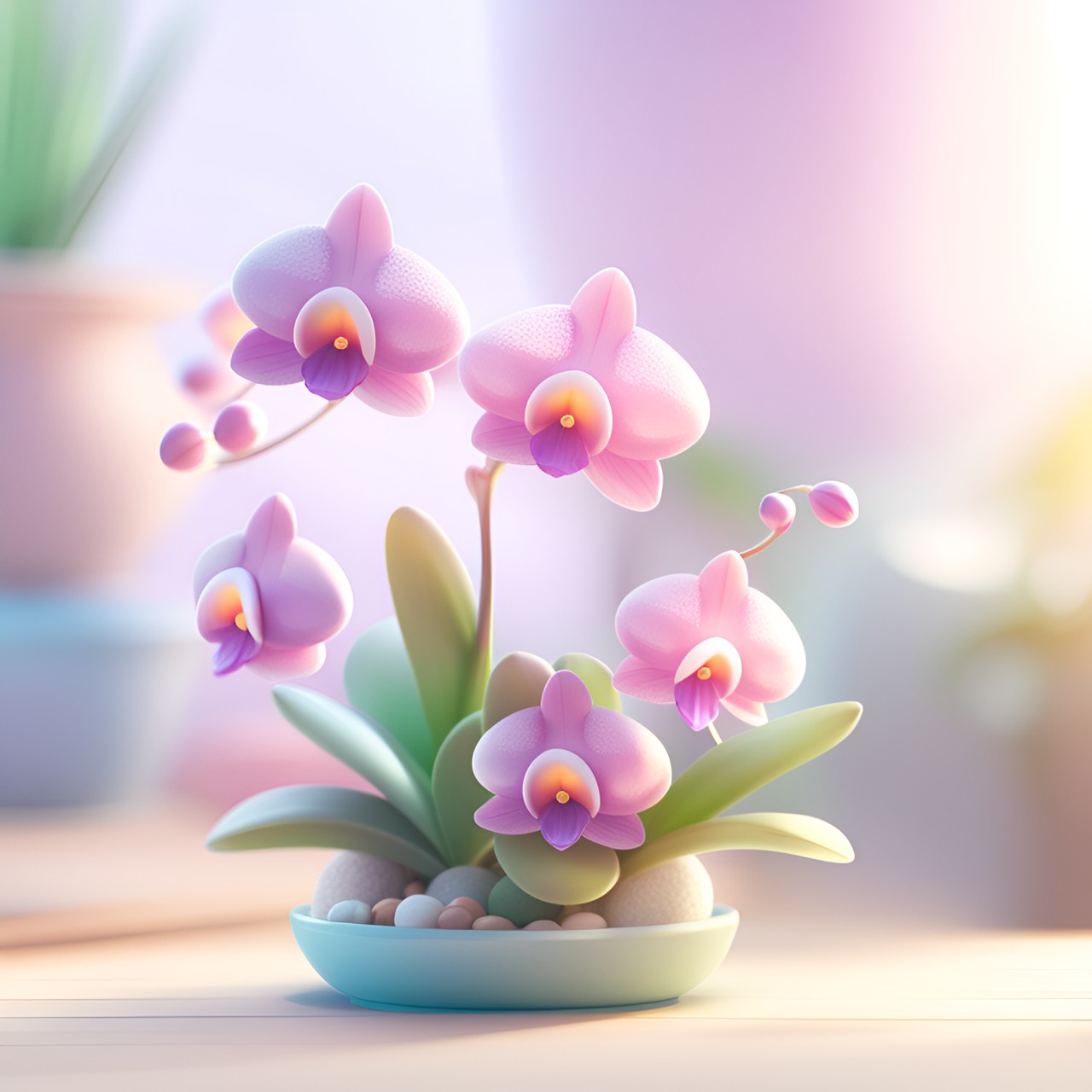 little orchid, cute, cartoon style, kawaii, happy, light background, shiny, pastel pallet, 3d render, hd, high detail, sunbeams, summer, fairy garden, magic vibe, blur background preview