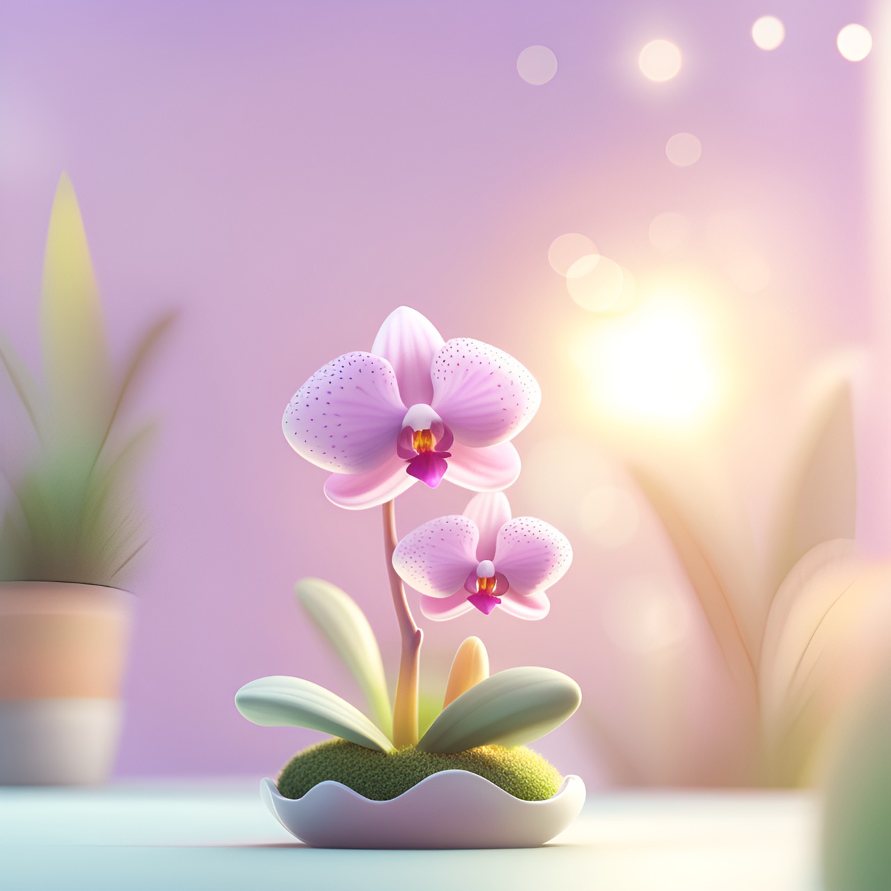 little orchid, cute, cartoon style, kawaii, happy, light background, shiny, pastel pallet, 3d render, hd, high detail, sunbeams, summer, fairy garden, magic vibe, blur background preview