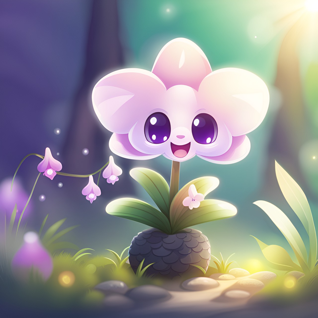 little orchid, cute, cartoon style, kawaii, happy, light background, shiny, pastel pallet, hd, high detail, sunbeams, summer, fairy deep forest, magic vibe, blur background preview