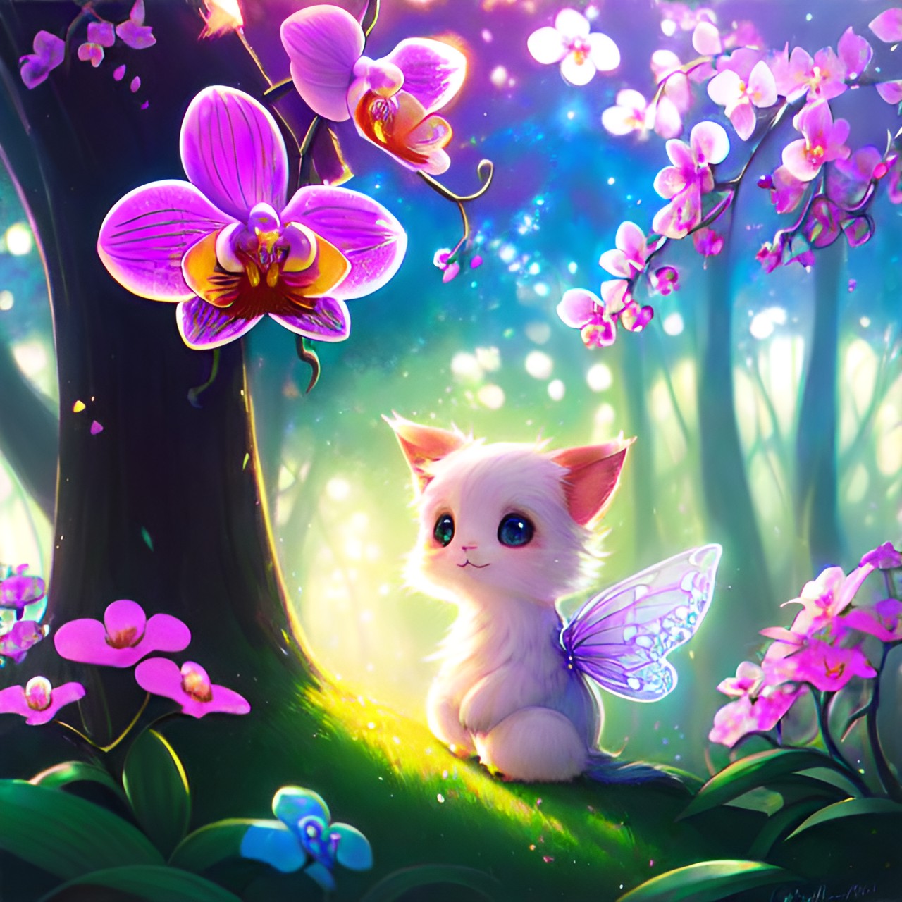 little orchid, cute, cartoon style, kawaii, happy, light background, shiny, pastel pallet, hd, high detail, sunbeams, summer, fairy deep forest, magic vibe, blur background preview