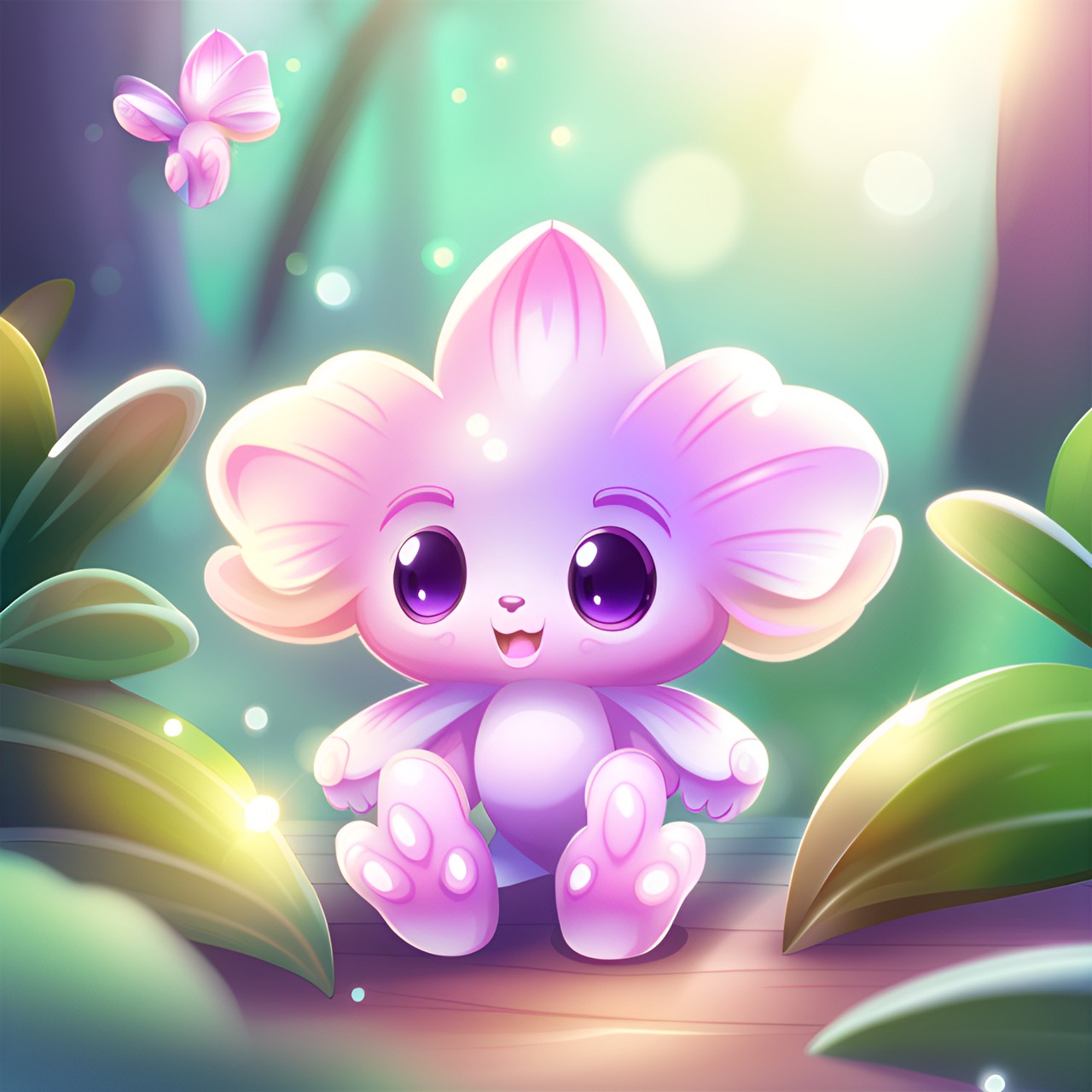 little orchid, cute, cartoon style, kawaii, light background, shiny, pastel pallet, hd, high detail, sunbeams, summer, fairy deep forest, magic vibe, blur background preview