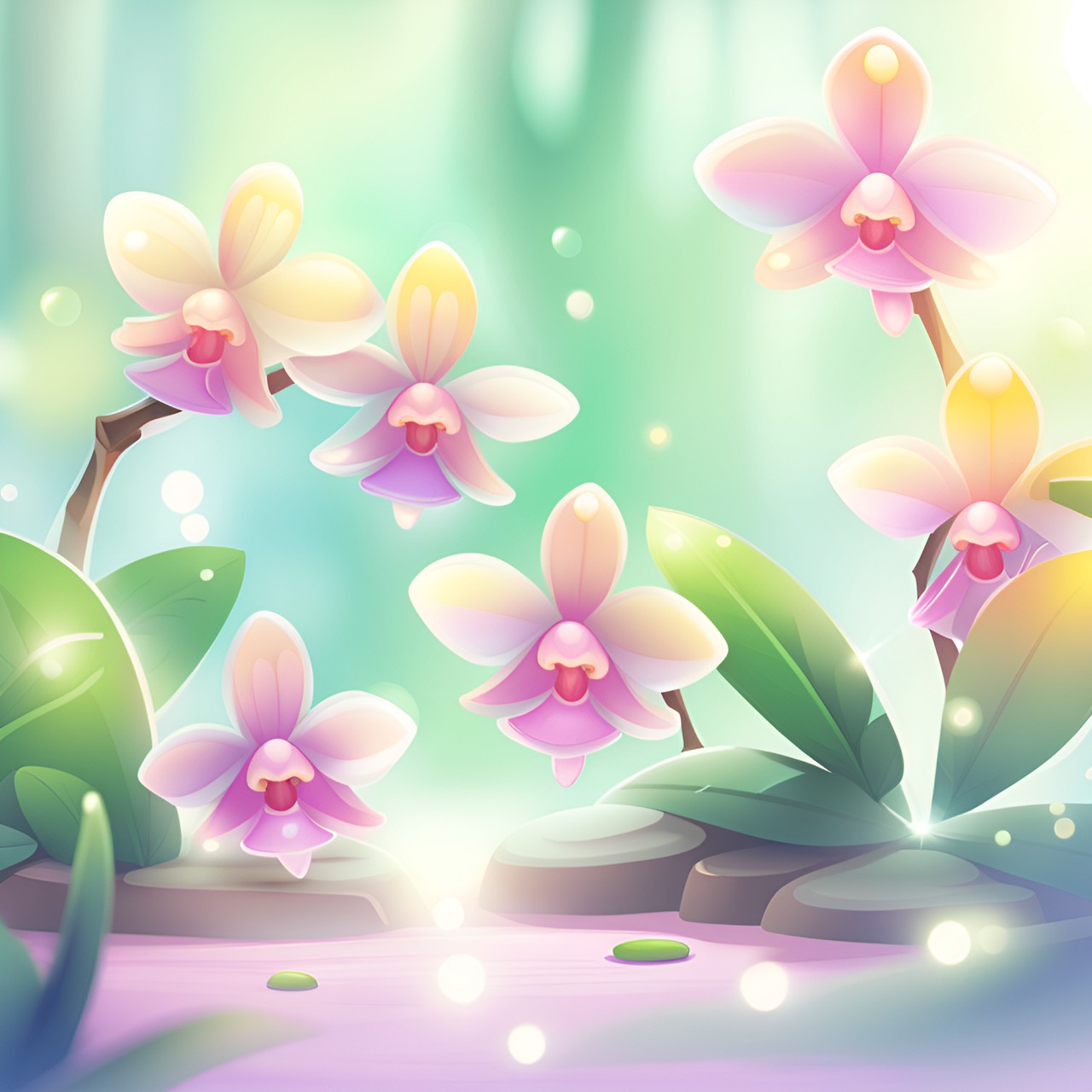 little orchid, cute, cartoon style, kawaii, light background, shiny, pastel pallet, hd, high detail, sunbeams, summer, fairy deep forest, magic vibe, blur background preview