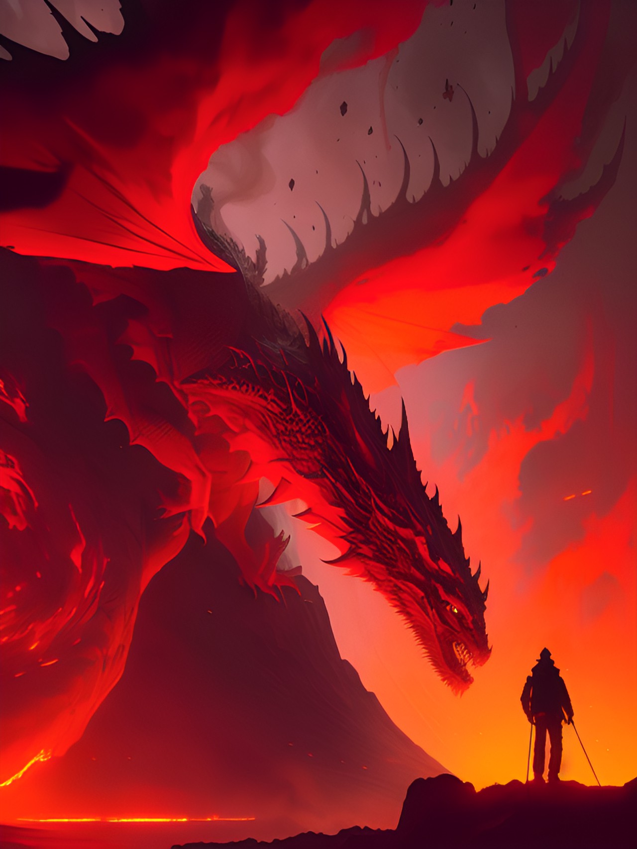 The Imprisoned Drago - giant red dragon rising from pool of lava, ash, and smoke. silhouette of sorceress. preview