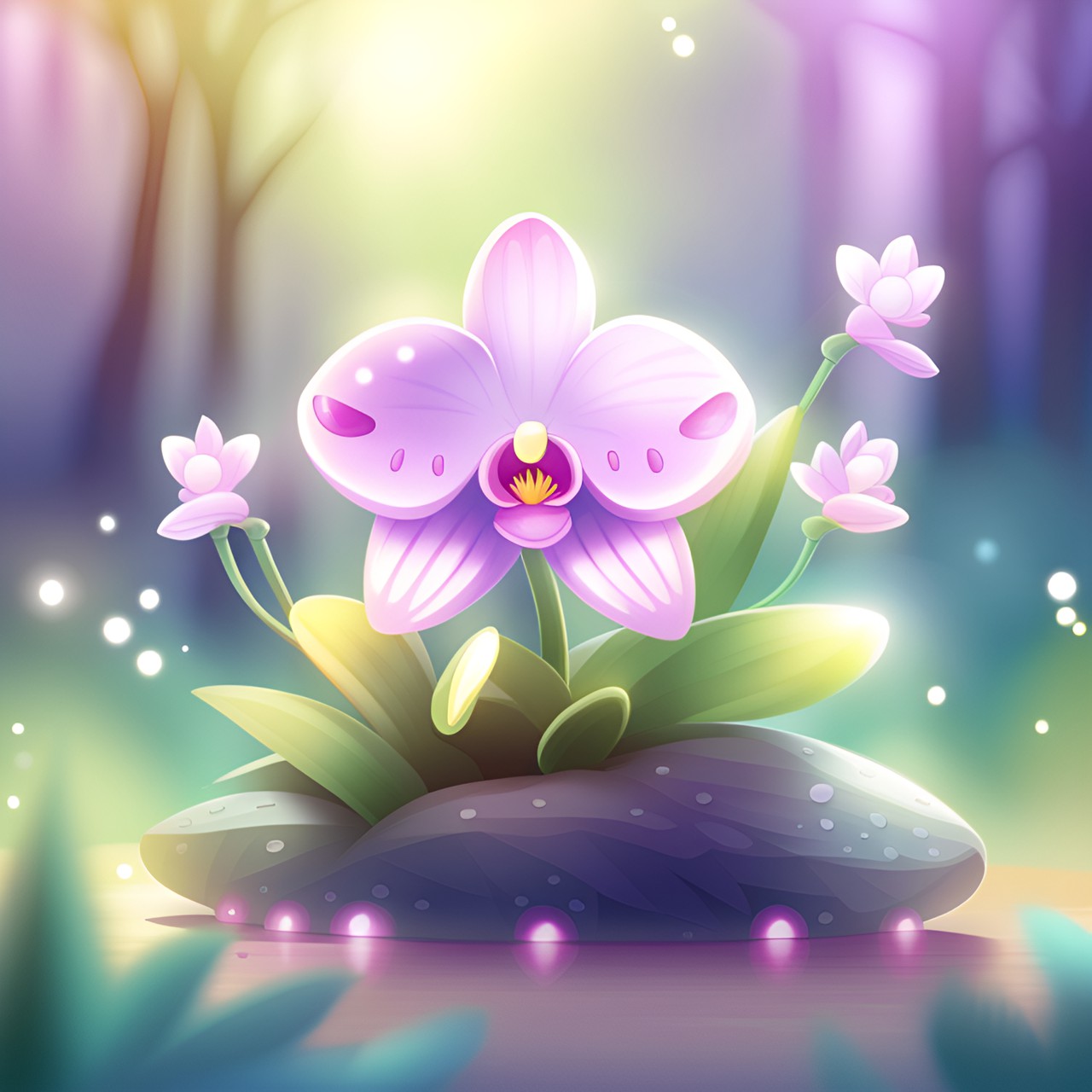 little orchid, cute, cartoon style, kawaii, light background, shiny, pastel pallet, hd, high detail, sunbeams, summer, fairy deep forest, magic vibe, blur background preview