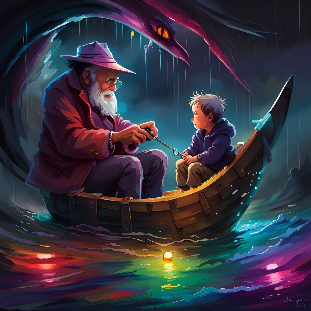 grandpa and grandson playing toy boat. dark style, rain and storm preview