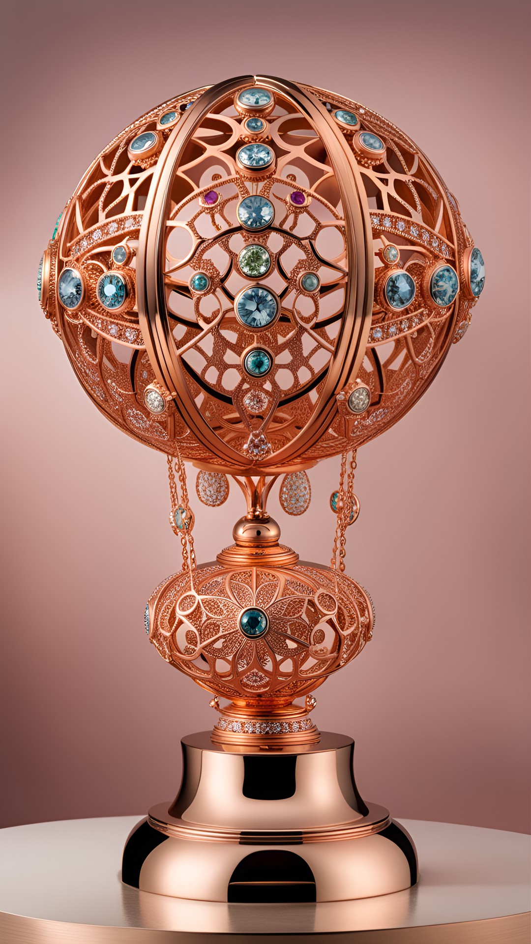 orb made of rose gold with jewels set into it in an elaborate pattern preview