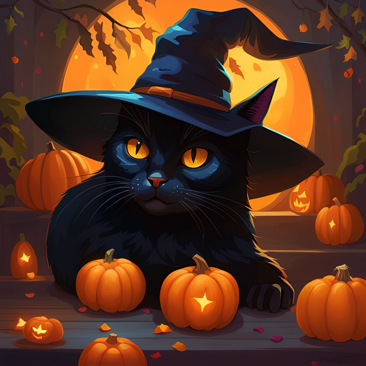 a black cat with a witch hat, pumpkin s lights decorations, ultra realistic, detailed preview