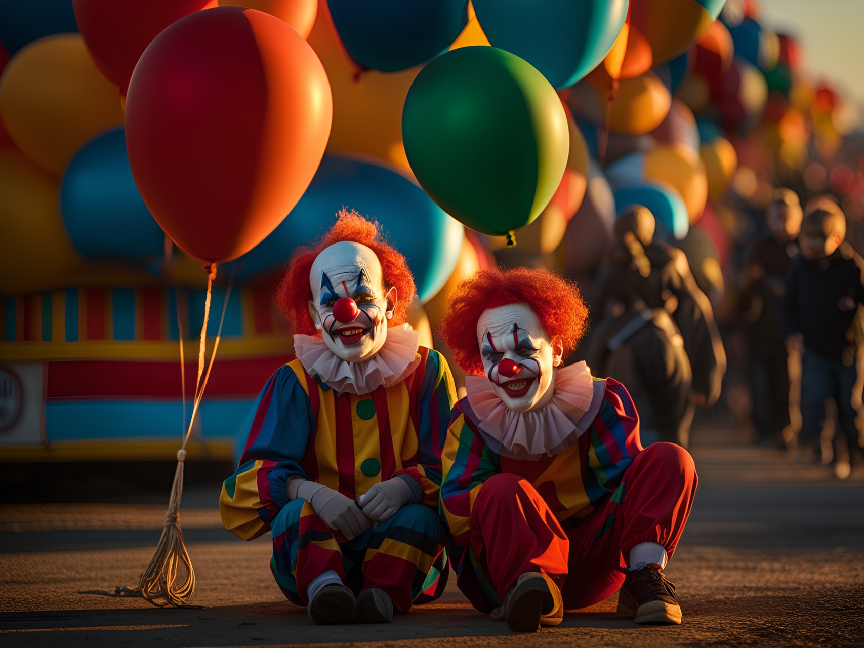 children, scary clowns, baloons, broken down old carnival, the sun is going down. 16k, ultra hd, preview