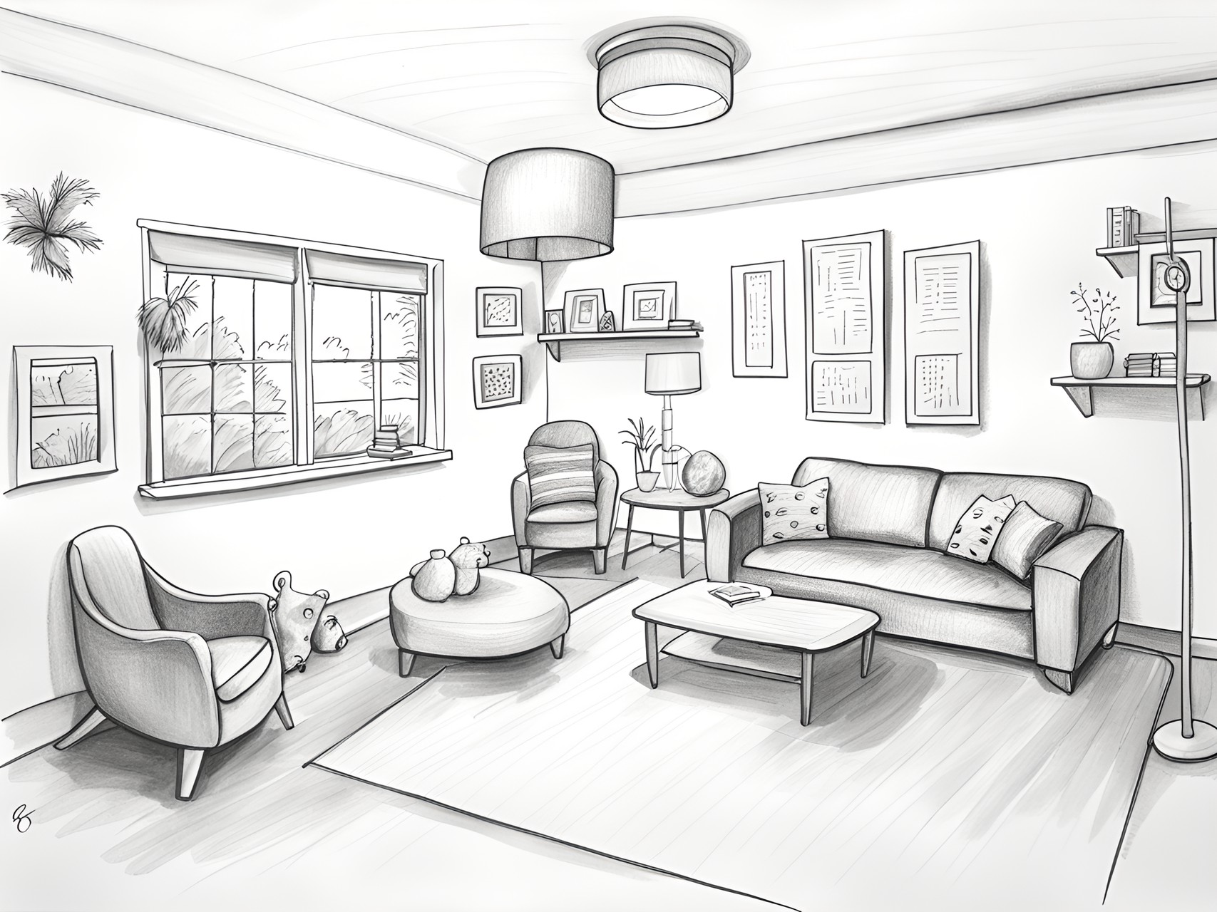 a living room drawn as if done by a childs hand preview