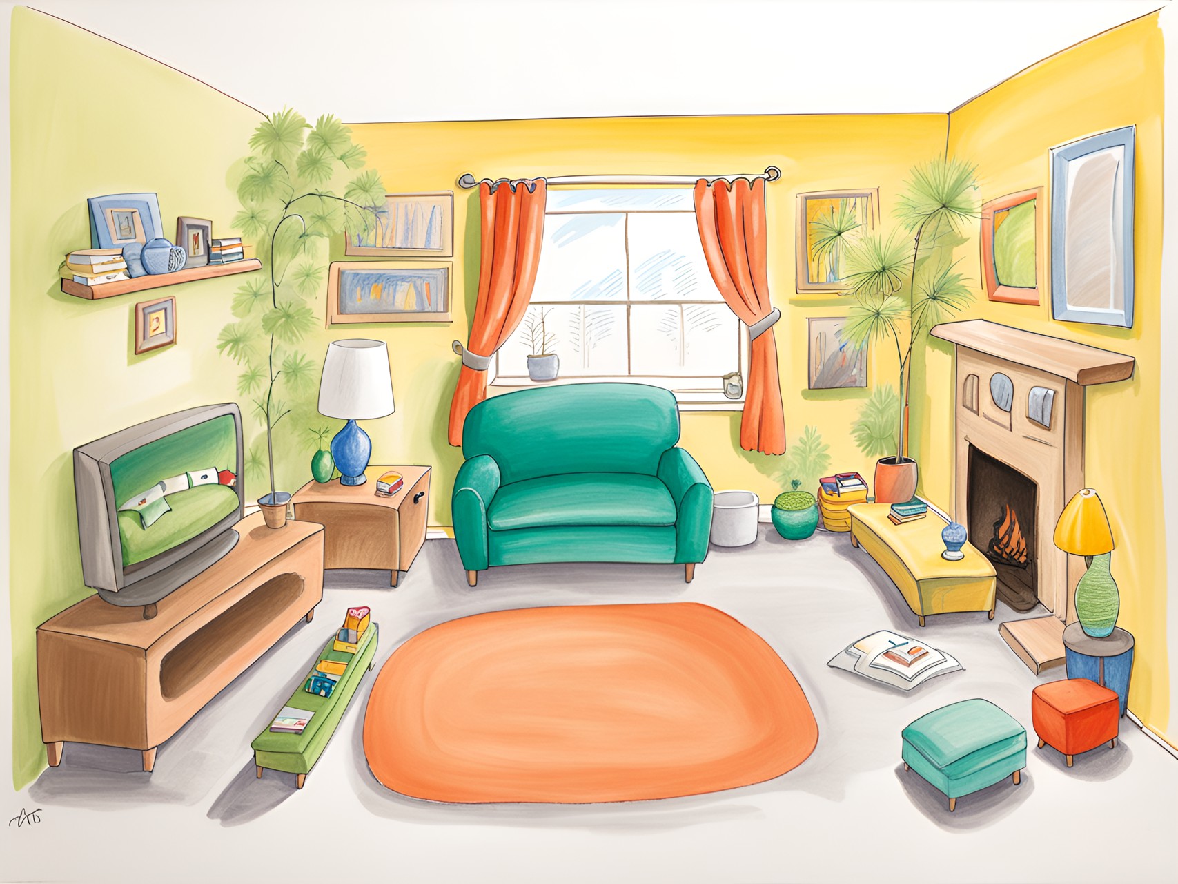 a living room drawn as if done by a childs hand preview