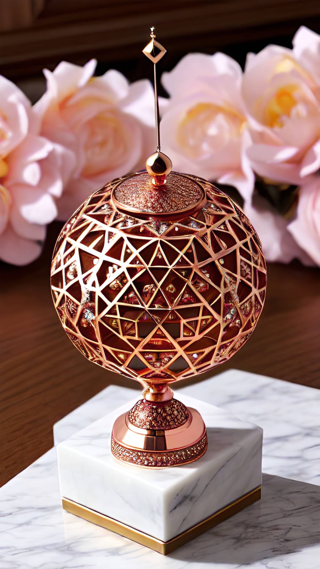 orb made of rose gold with jewels set into it in an geometric pattern sitting on a marble pedestal preview