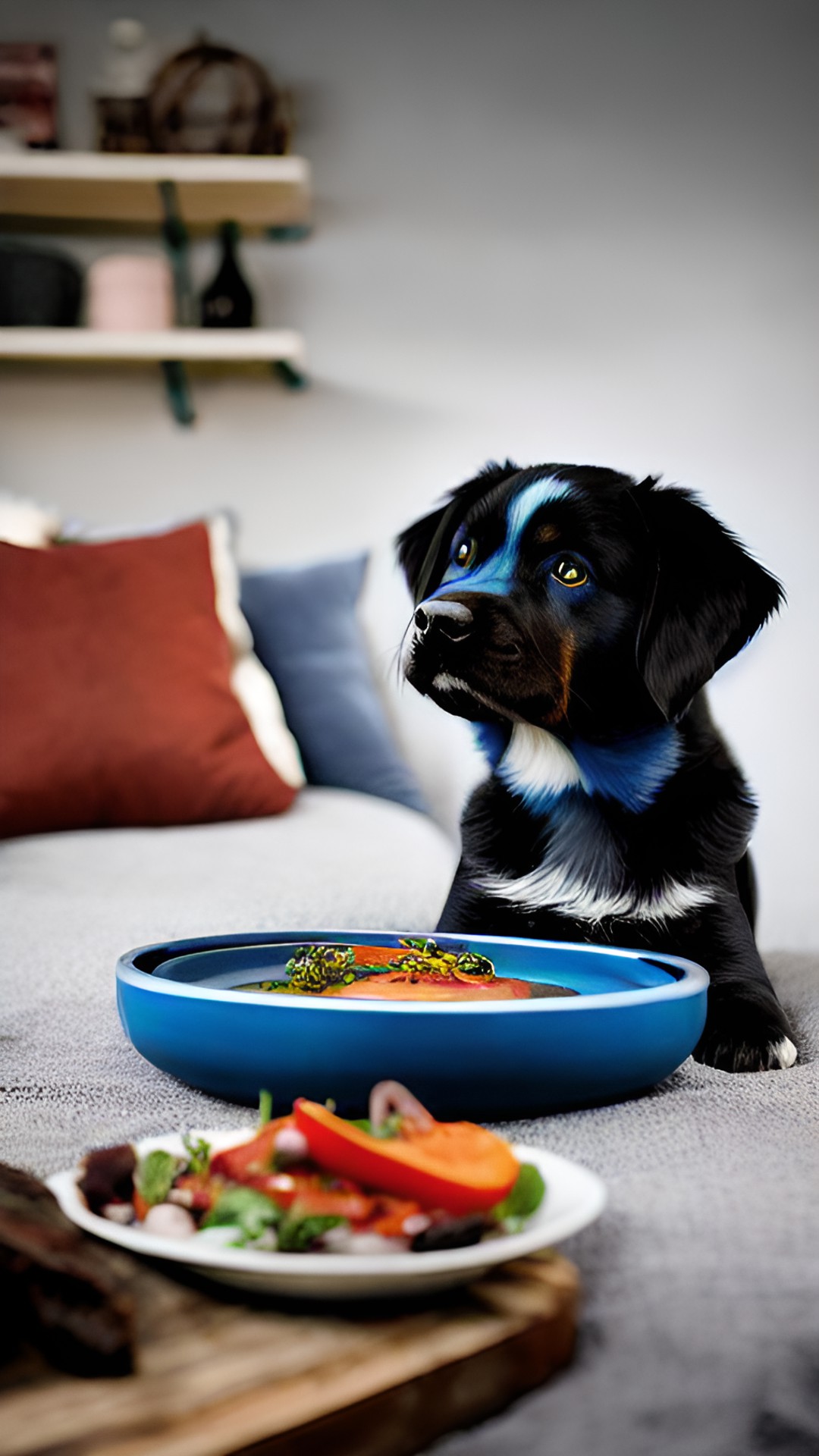 my moms fav stuff - a blue dog in a cozy home eating a steak preview