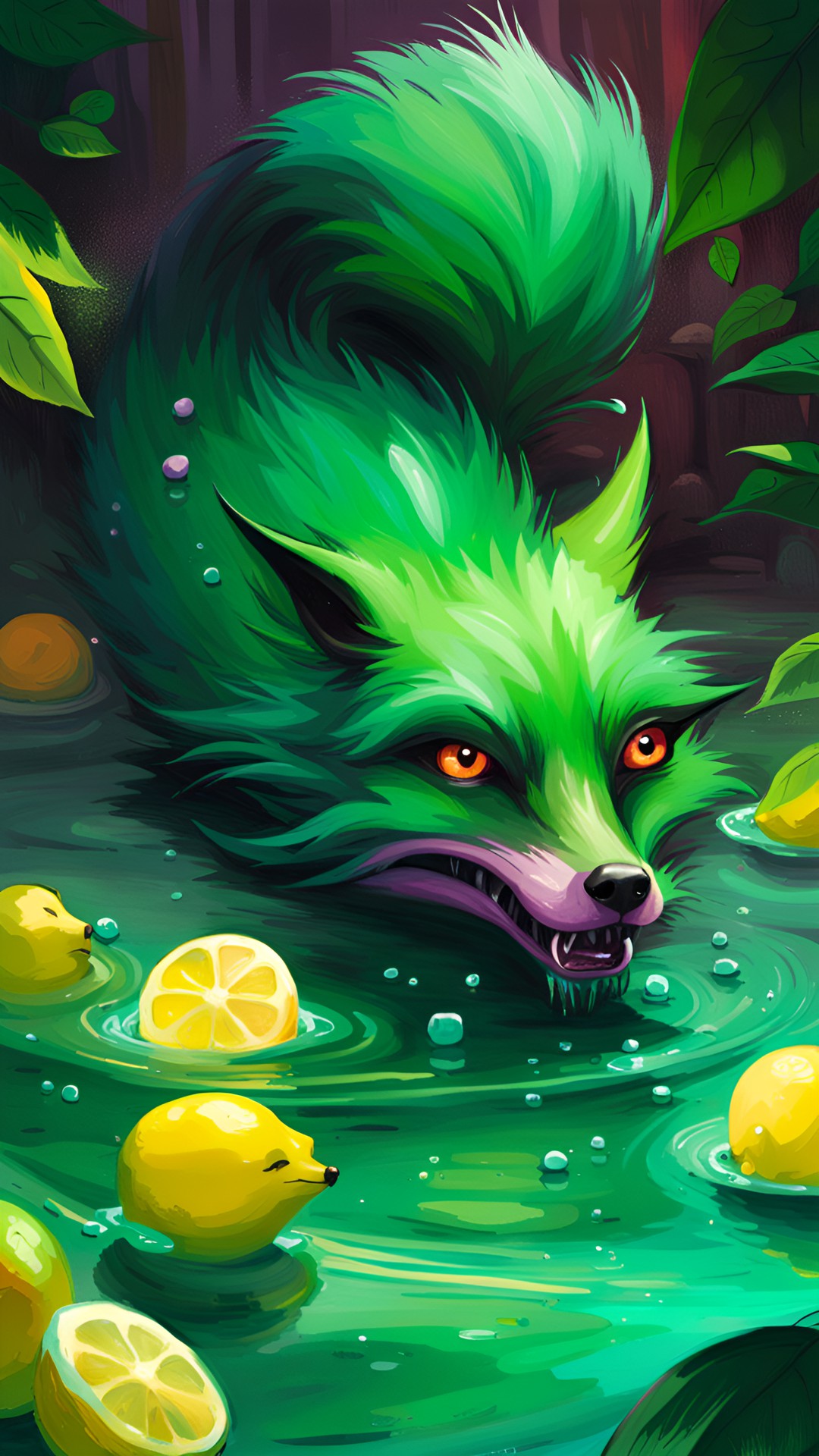 Whoops - a green fox in a swimming pool eating a lemons on a summer day preview