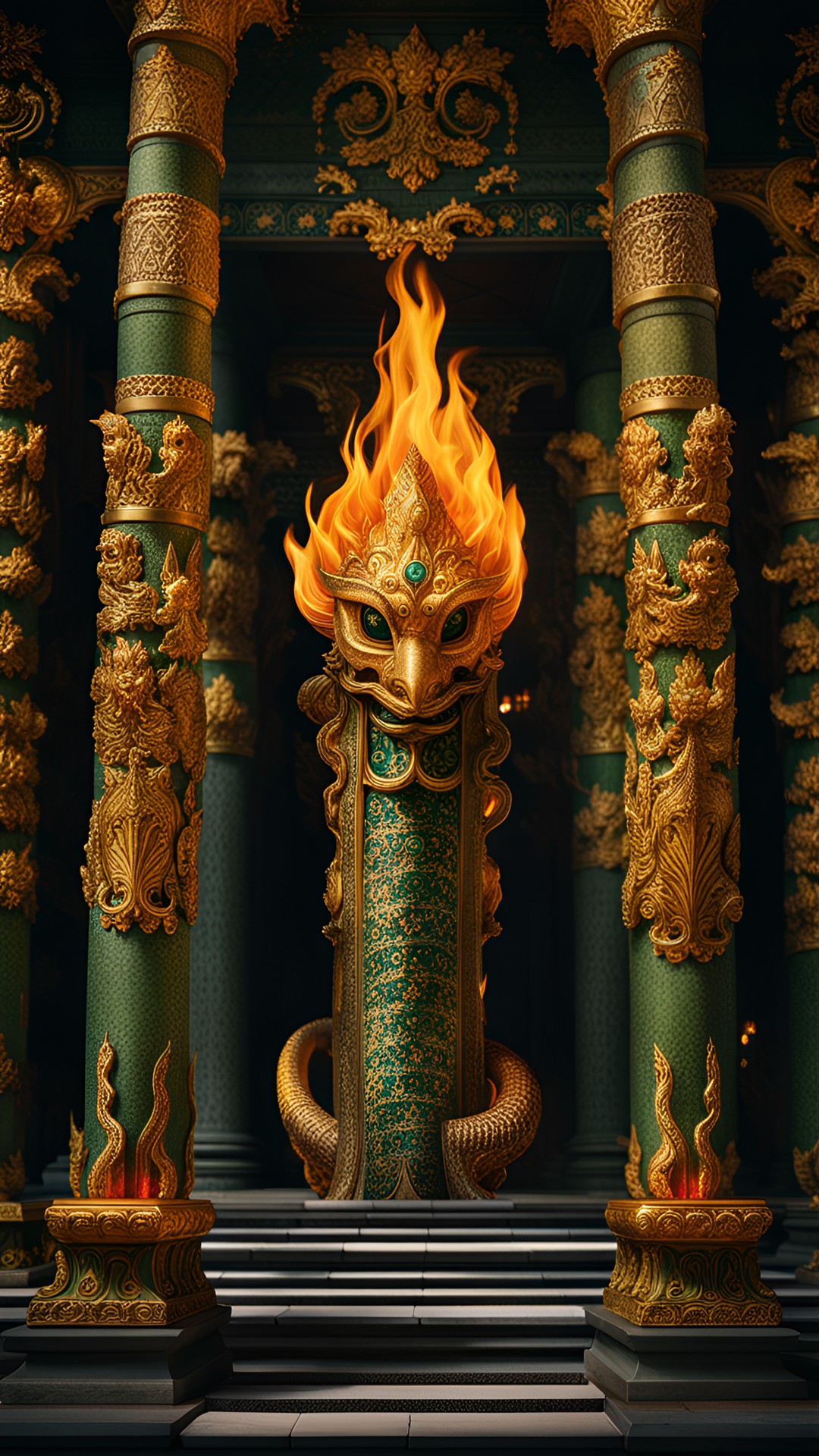 4 - forty columns of fire ornamented the hall in which i found myself. one side of the columns shone with a white and vivid fire, the other side seemed to be in shadow; a blackish flame covered it. in the center of this place stood an altar in the form of a serpent. a greenish gold embellished its diapered scales in which the surrounding flames preview