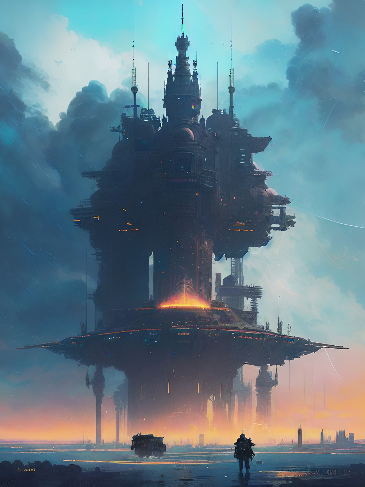 Deep Driller - giant spaceship, teal and yello sky, plume of smoke, storm, rain, night, starry sky, 5 warriors by fire, steampunk, giant dilapidated architecture, surreal desert, lightning, eerie preview