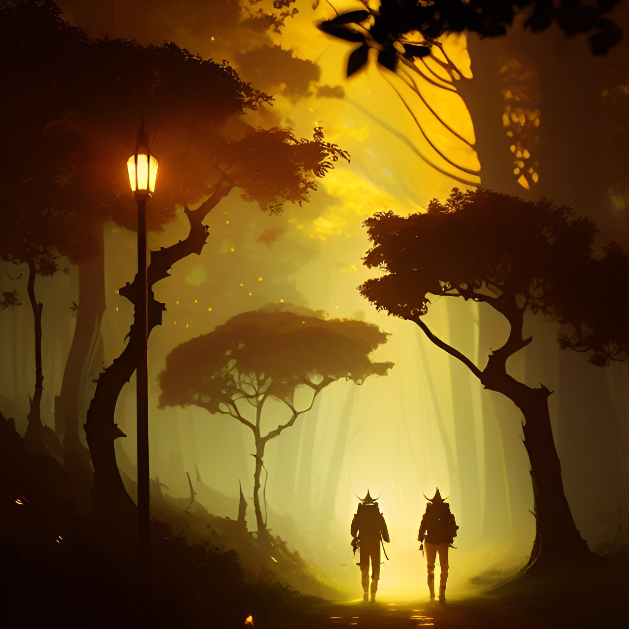 Dusky Park - twin golden dragons guarding a forest pathway at twilight. smoke and sparkles preview