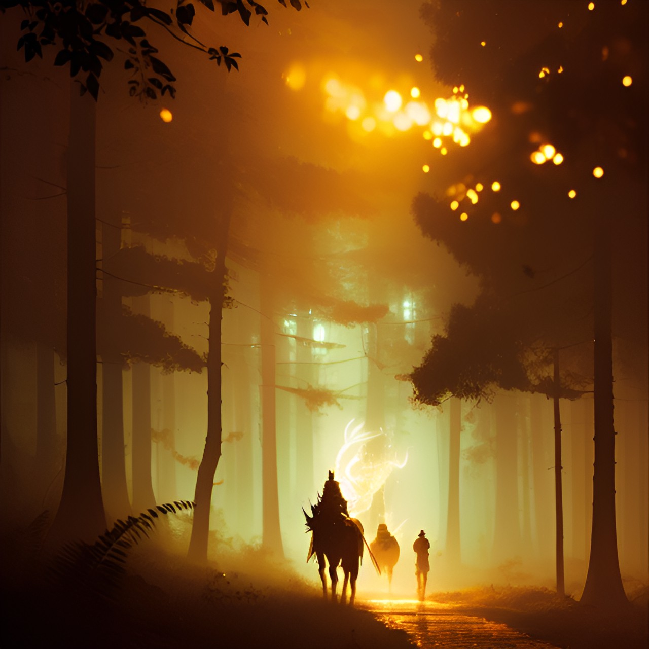 Autumn Twilight - twin golden dragons guarding a forest pathway at twilight. smoke and sparkles preview