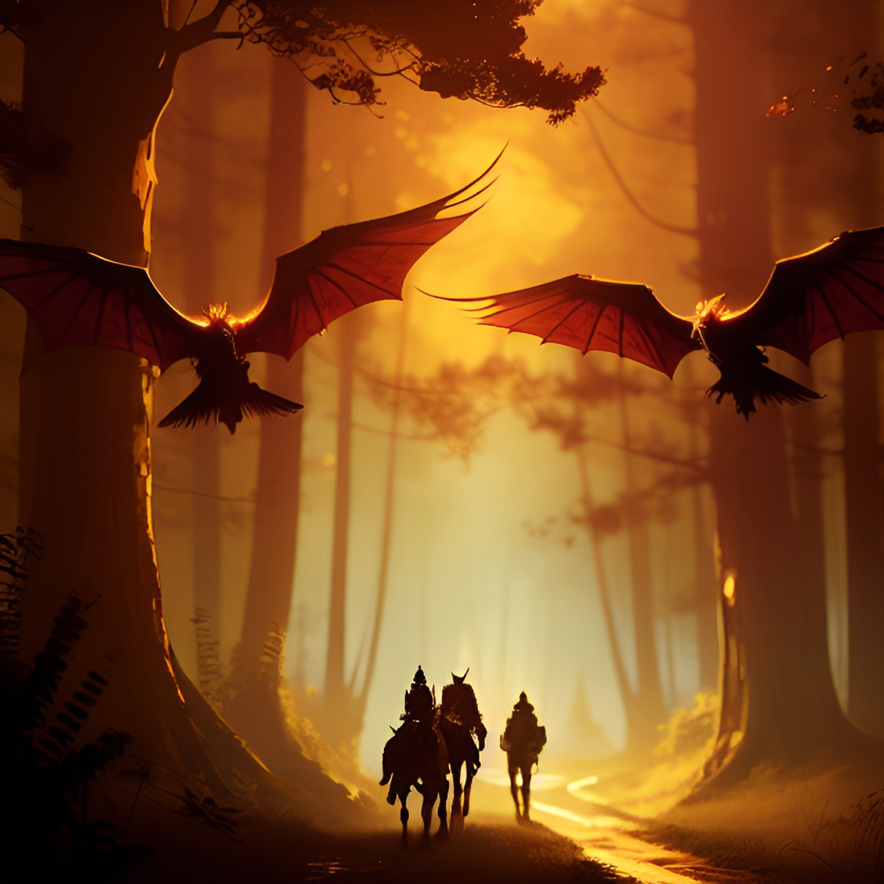 Spies of Mordor - twin golden dragons guarding a forest pathway at twilight. smoke and sparkles preview