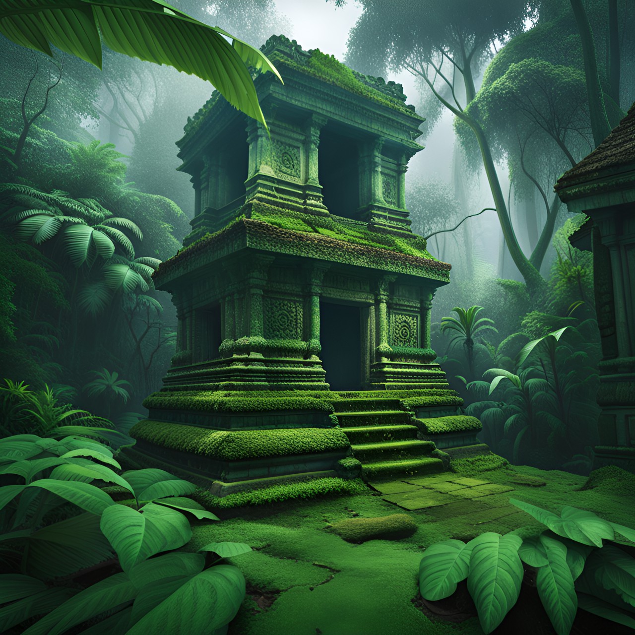 rainy ancient jungle temple,overgrown, abandoned,greenery,rainy, preview