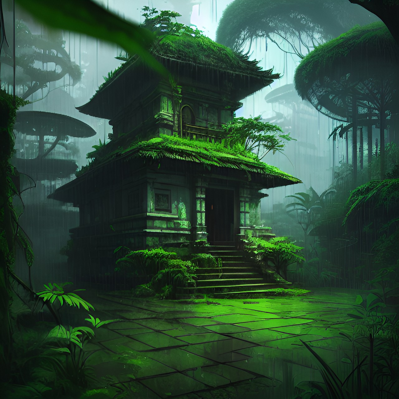 rainy ancient jungle temple,overgrown, abandoned,greenery,rainy, preview