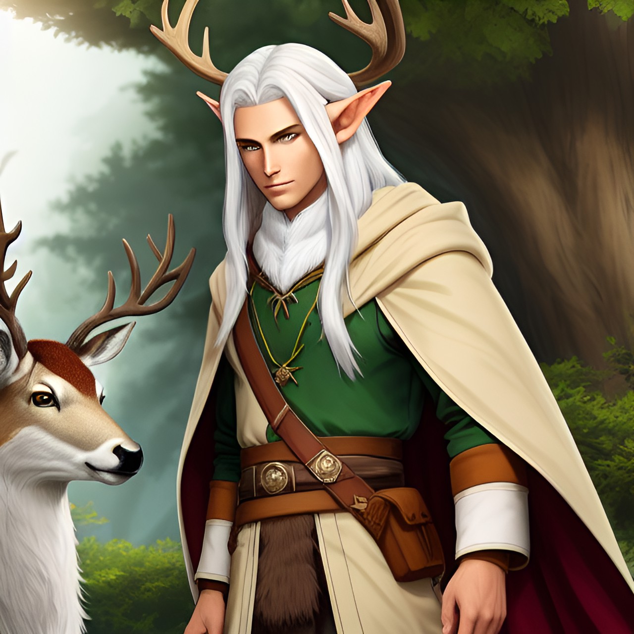 male wood elf druid with white hair and tan cloak next to a deer preview