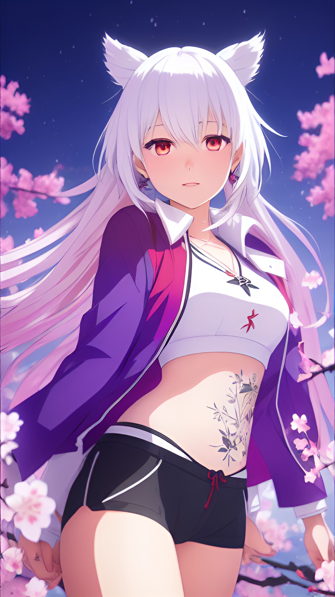 tattoos cute woman white hair bright red  eyes goddess english sakura trees halo straight hairstyle white hair red jacket preview