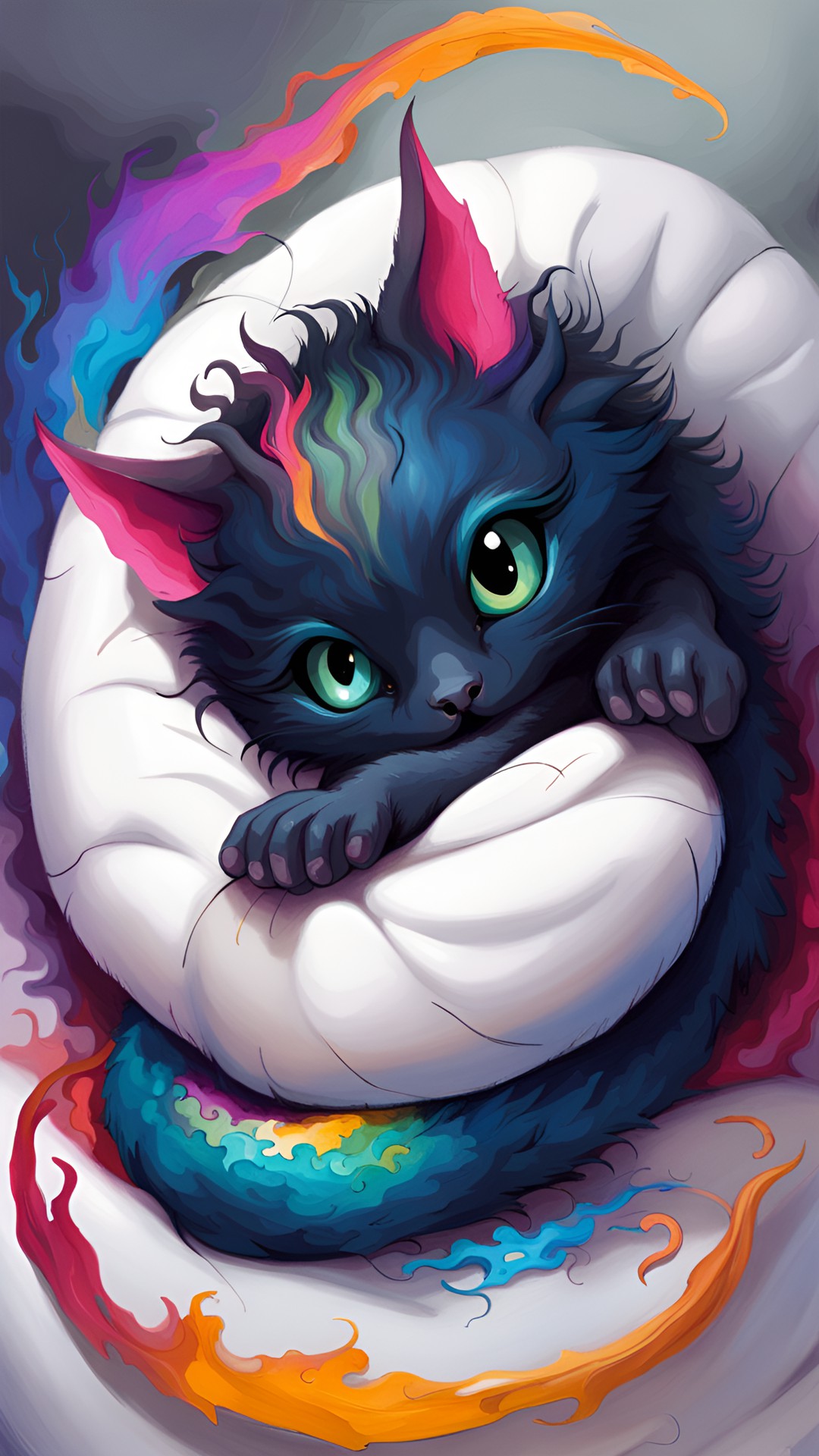 baby cat-dragon curled up on a white pillow preview