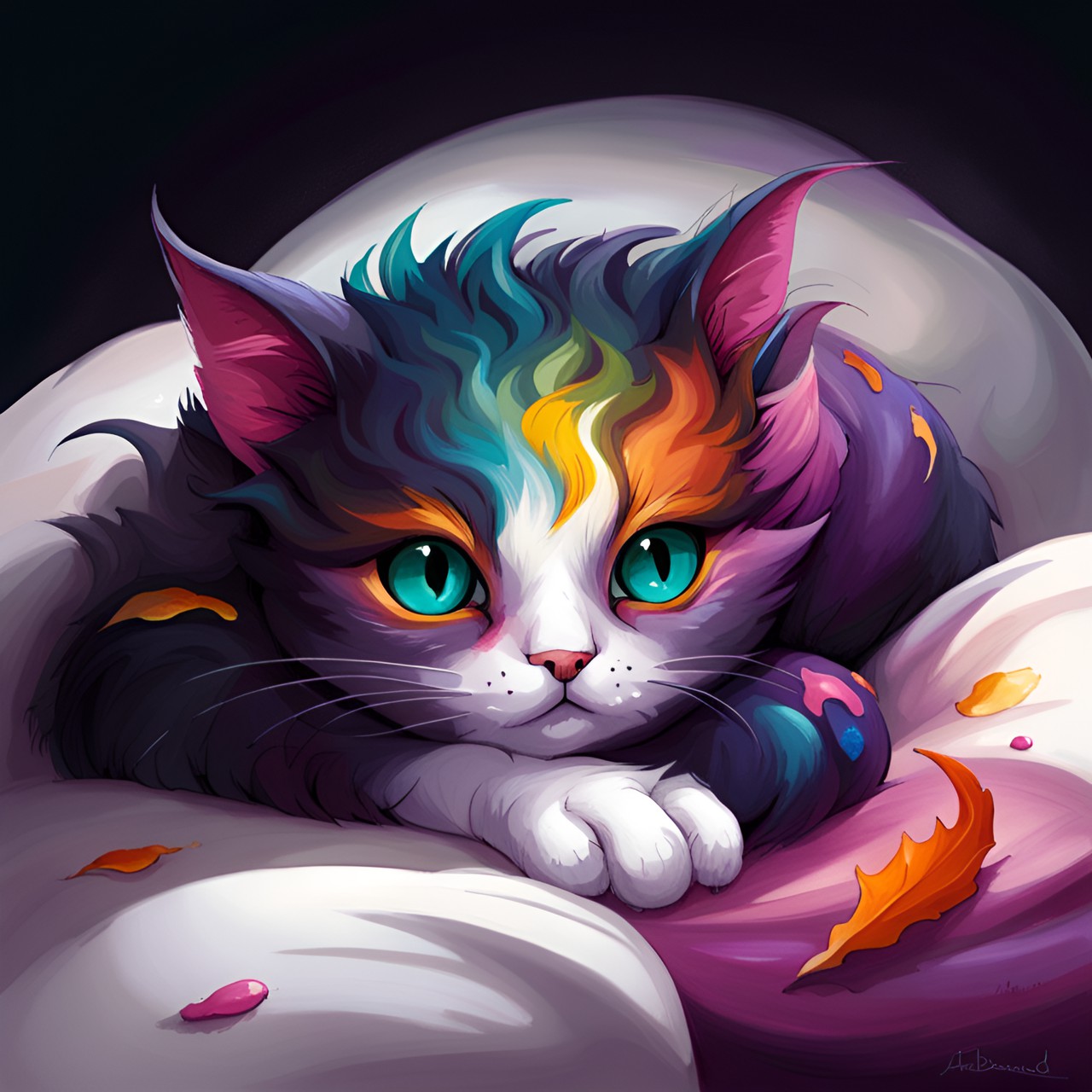 baby cat-dragon curled up on a white pillow preview