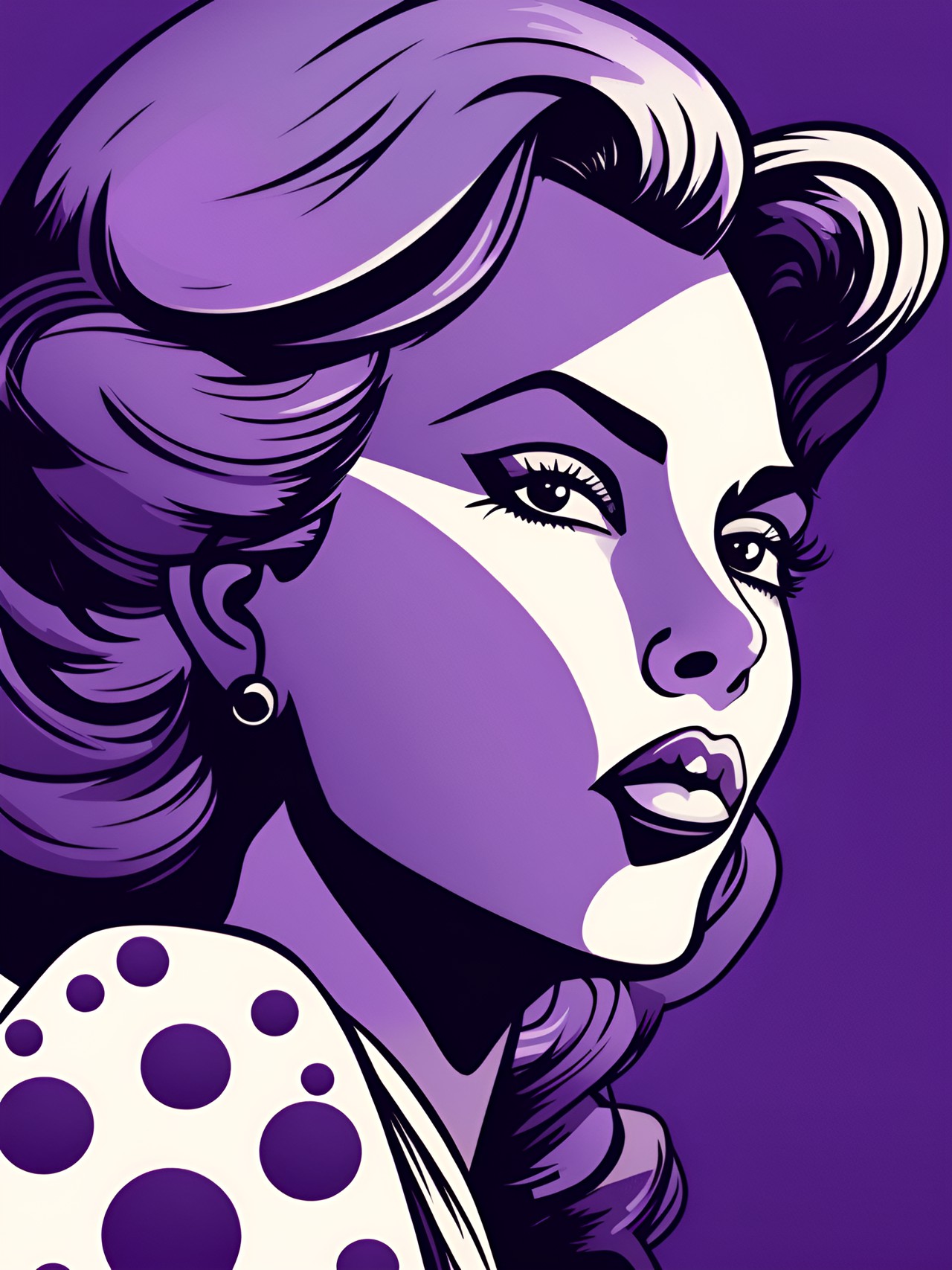 cartoon woman, bold outlines, high contrast, comic style, retro dots, shades of purple, uhd preview