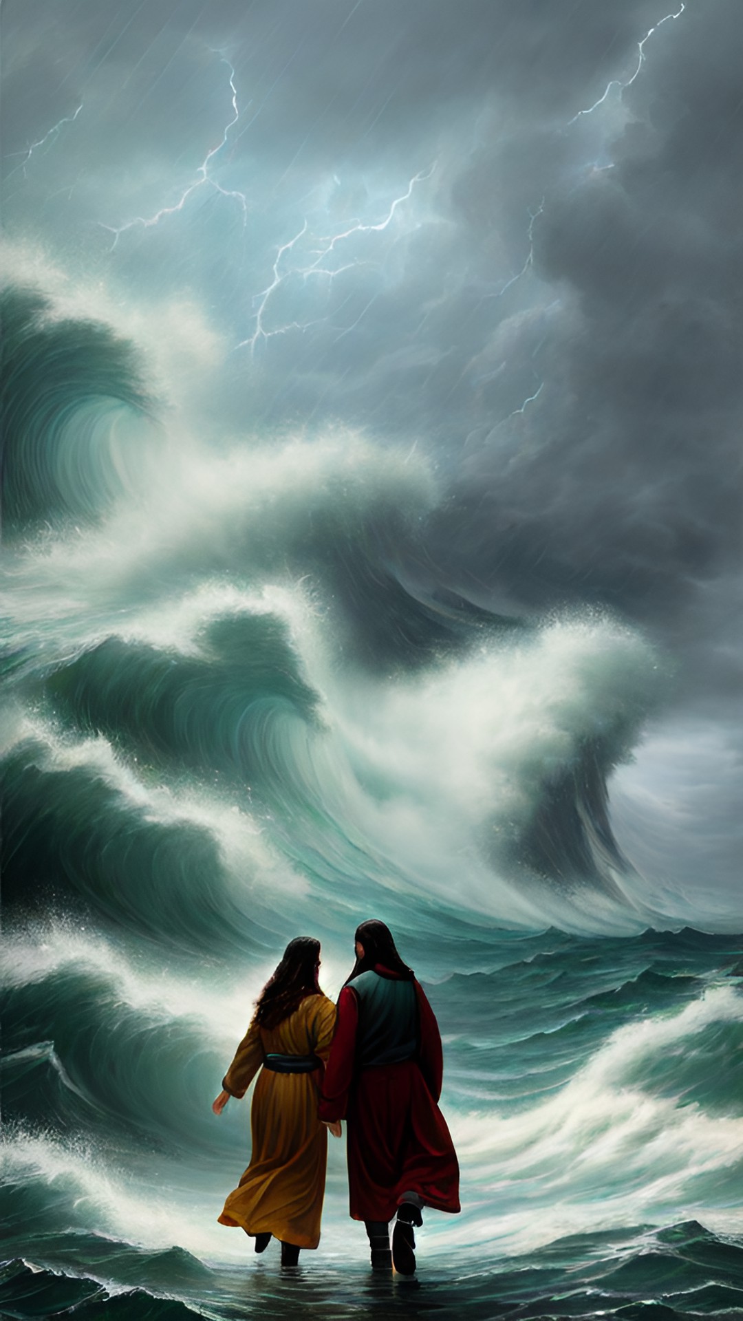 jesus walking on stormy sea, jesus reaching to a lady that walks on water infront of him, rain, thunder, highly detailed, fantasy art preview