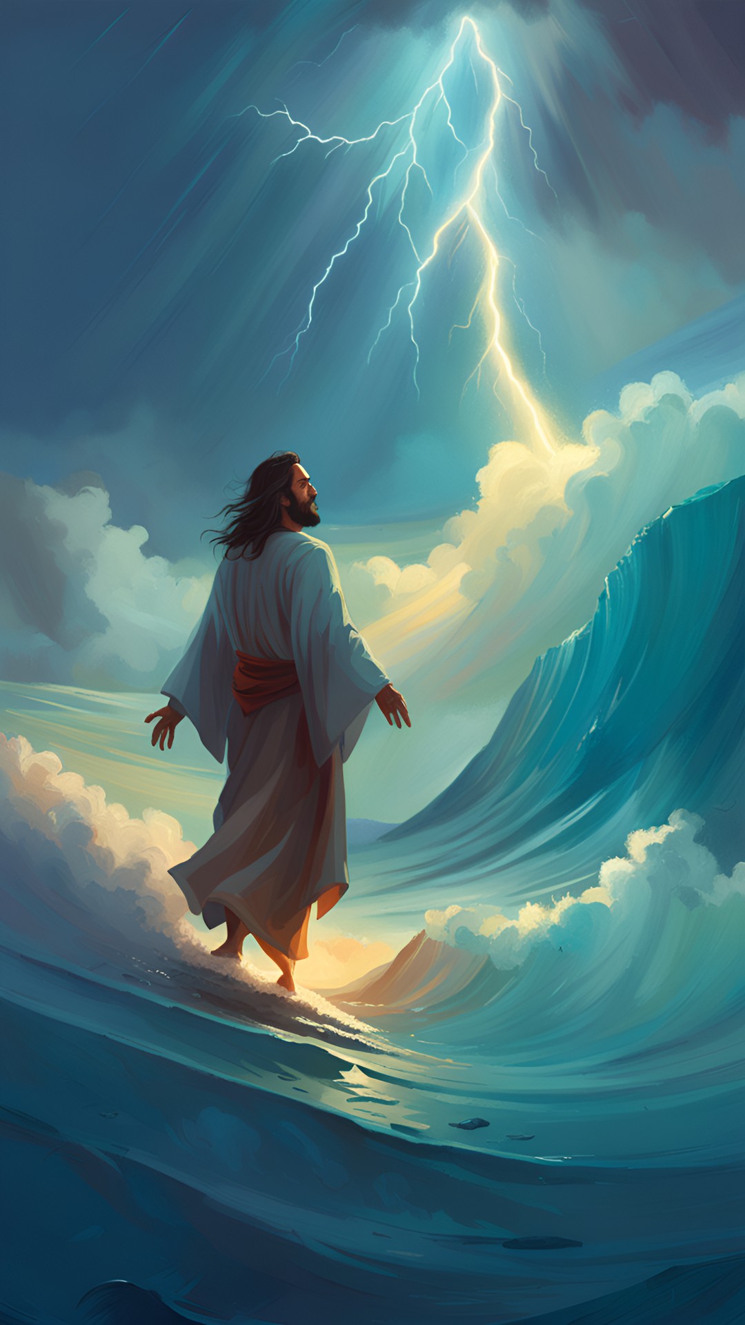 jesus walking on stormy sea, jesus reaching to a lady that walks on water infront of him, rain, thunder, highly detailed, fantasy art preview