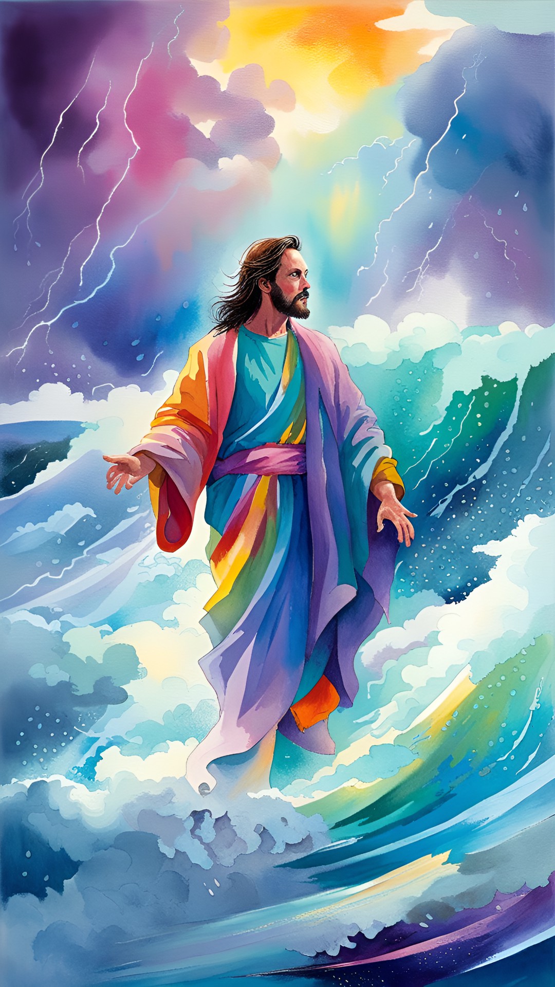 jesus walking on stormy sea, rain, thunder, highly detailed, fantasy art preview