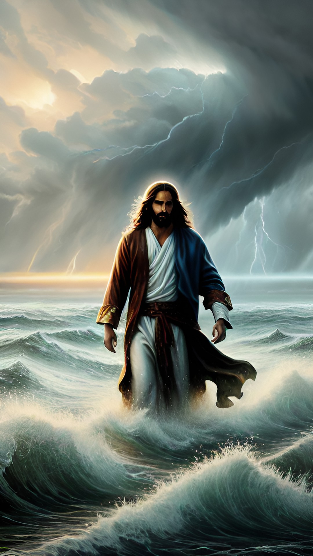 jesus walking on stormy sea, rain, thunder, highly detailed, fantasy art preview