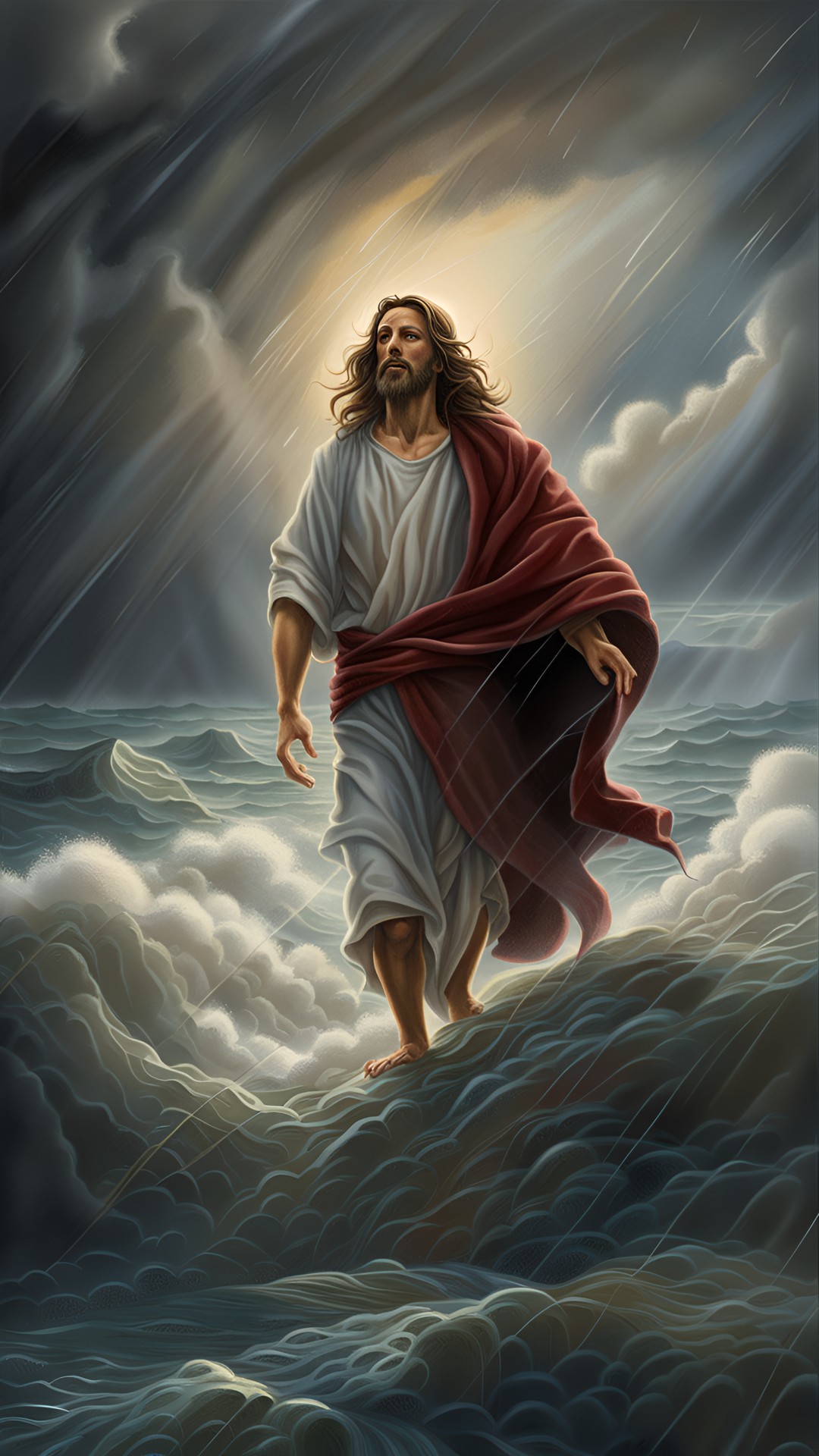 jesus walking on stormy sea, rain, thunder, highly detailed, fantasy art preview