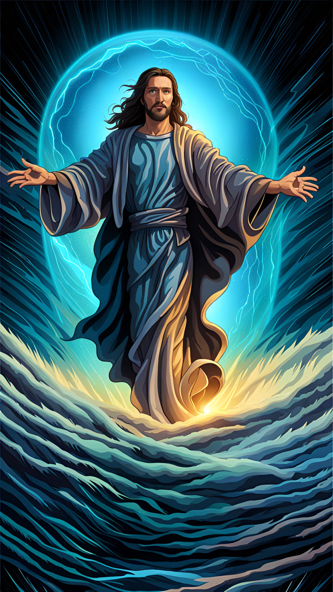 jesus walking on stormy sea, rain, thunder, highly detailed, fantasy art preview