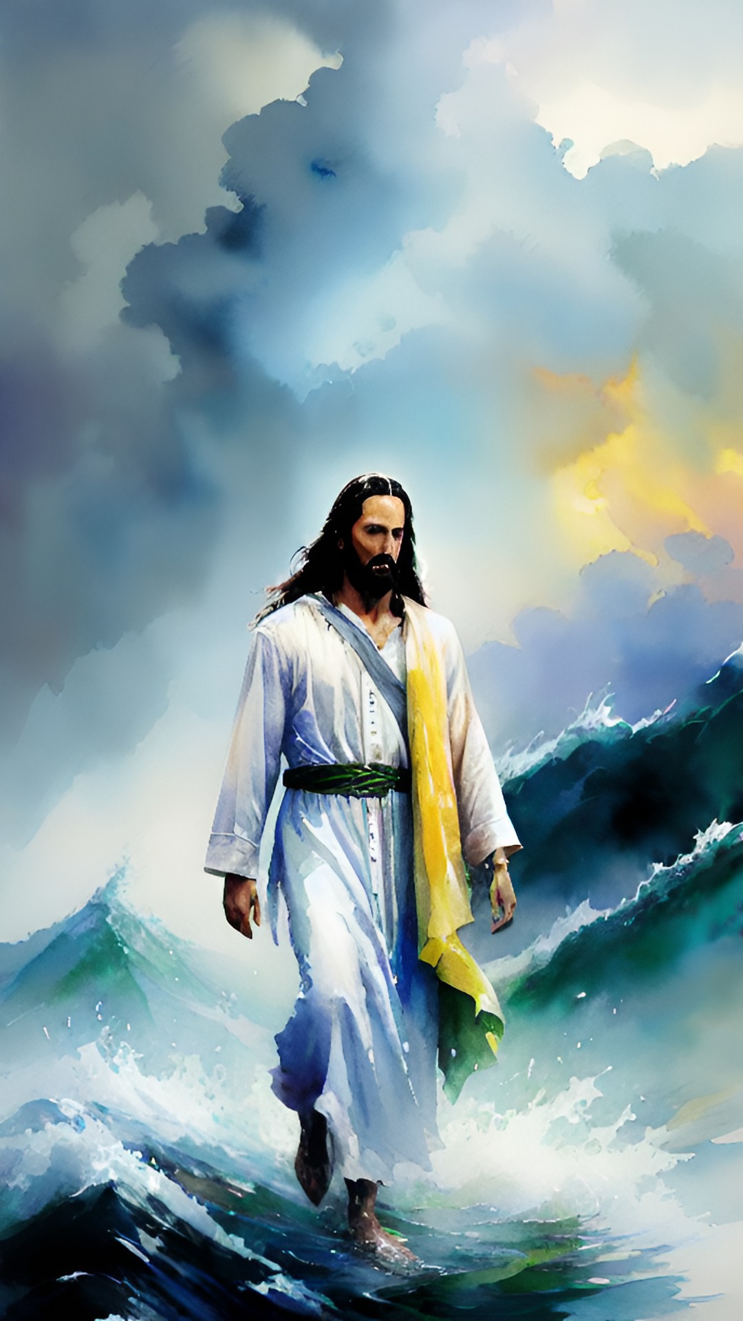 jesus walking on stormy sea, rain, thunder, highly detailed, fantasy art preview