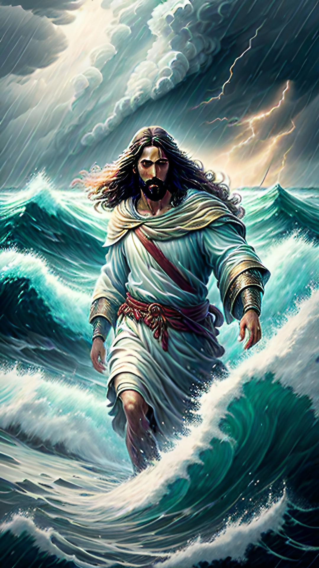 jesus walking on stormy sea, rain, thunder, highly detailed, fantasy art preview