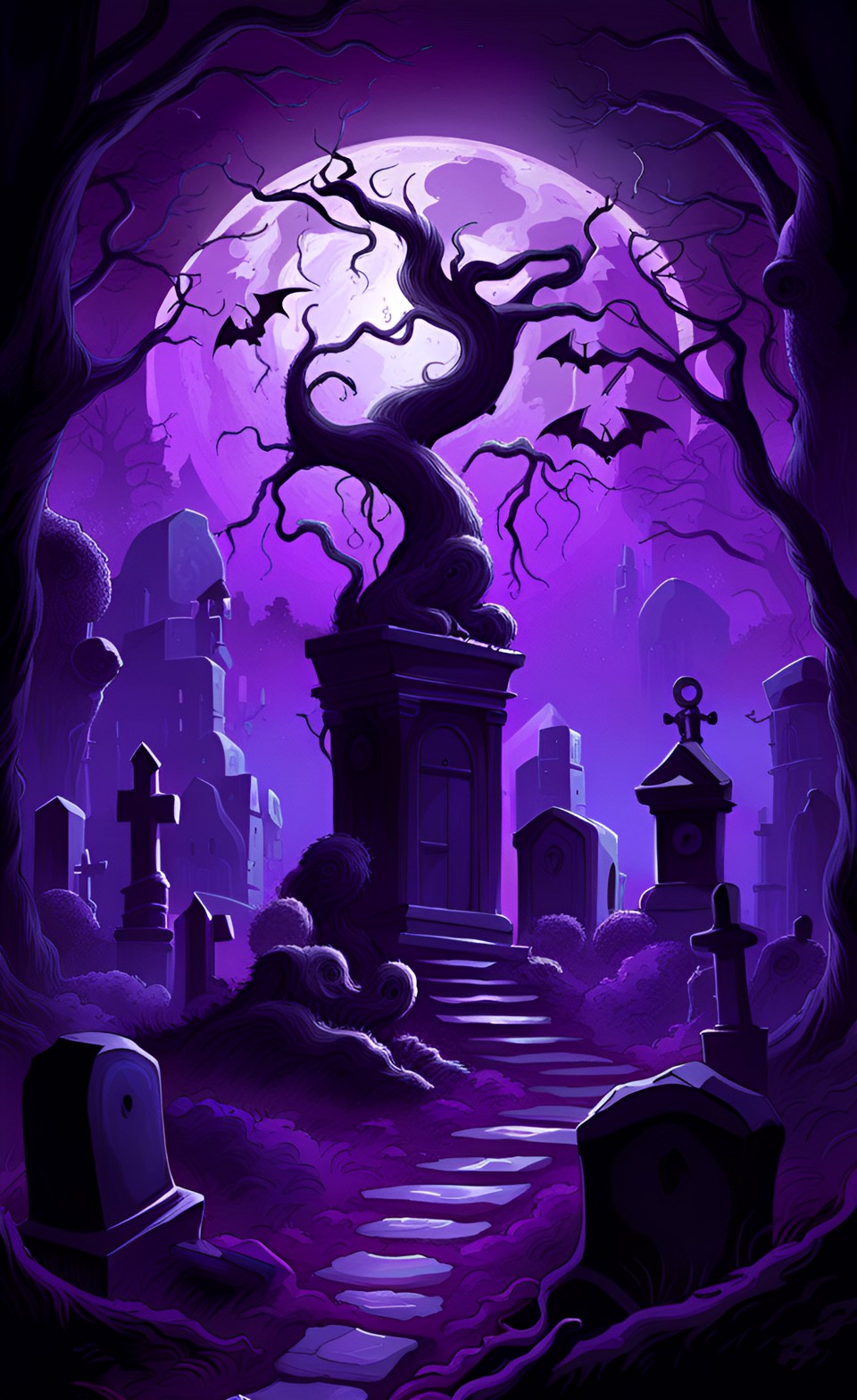 a eerie night time backdrop of the moon in a deep purple sky , in the style of imaginative fantasy steampunk graveyard, forest, tombstones, mausoleum, cemetery, bats , purple lighting preview