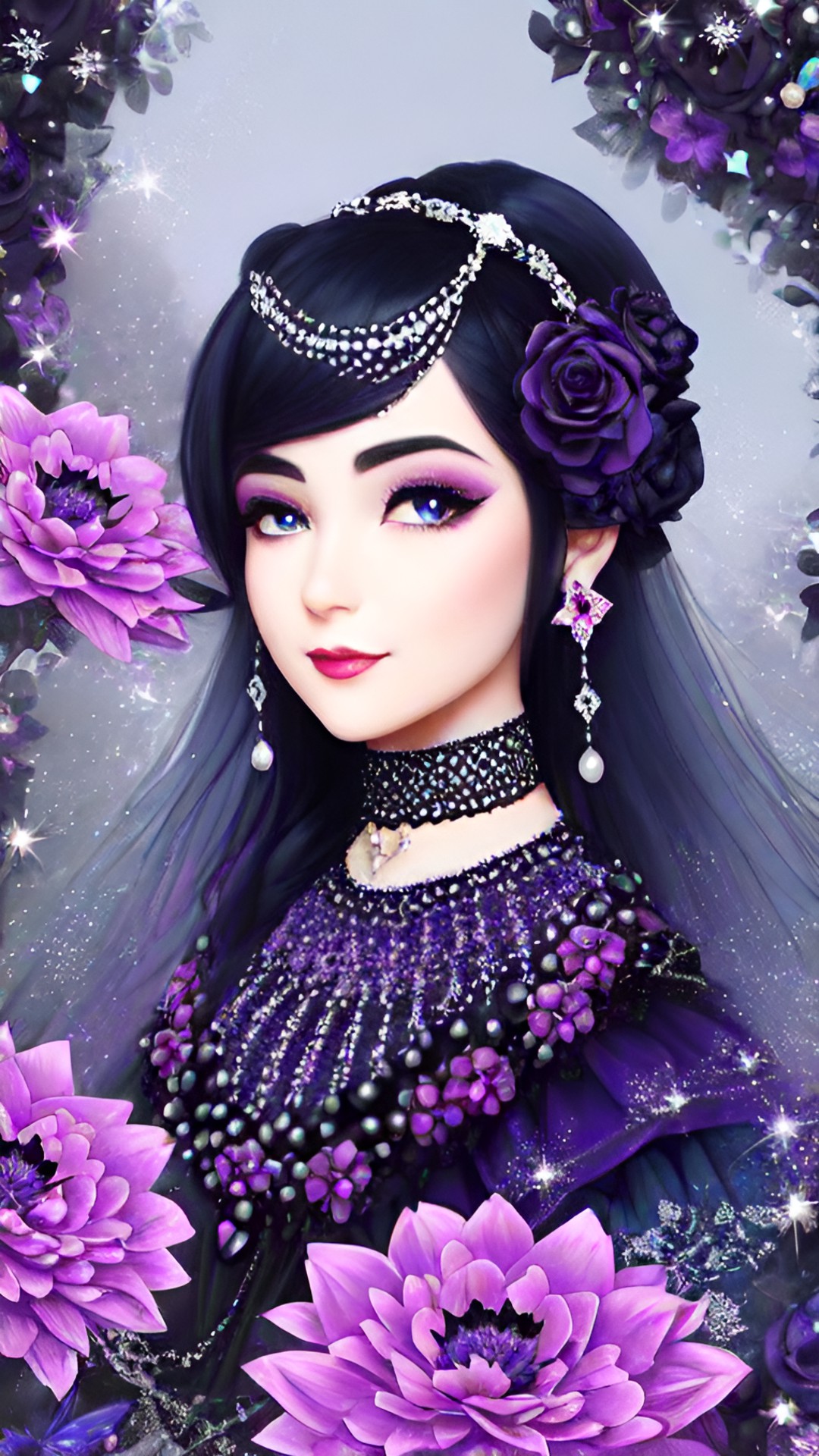 gorgeous dark pink, dark blue and dark purple fairy/ river of diamonds/ jewelry black and dark purple pearls and dark flowers/ magic preview